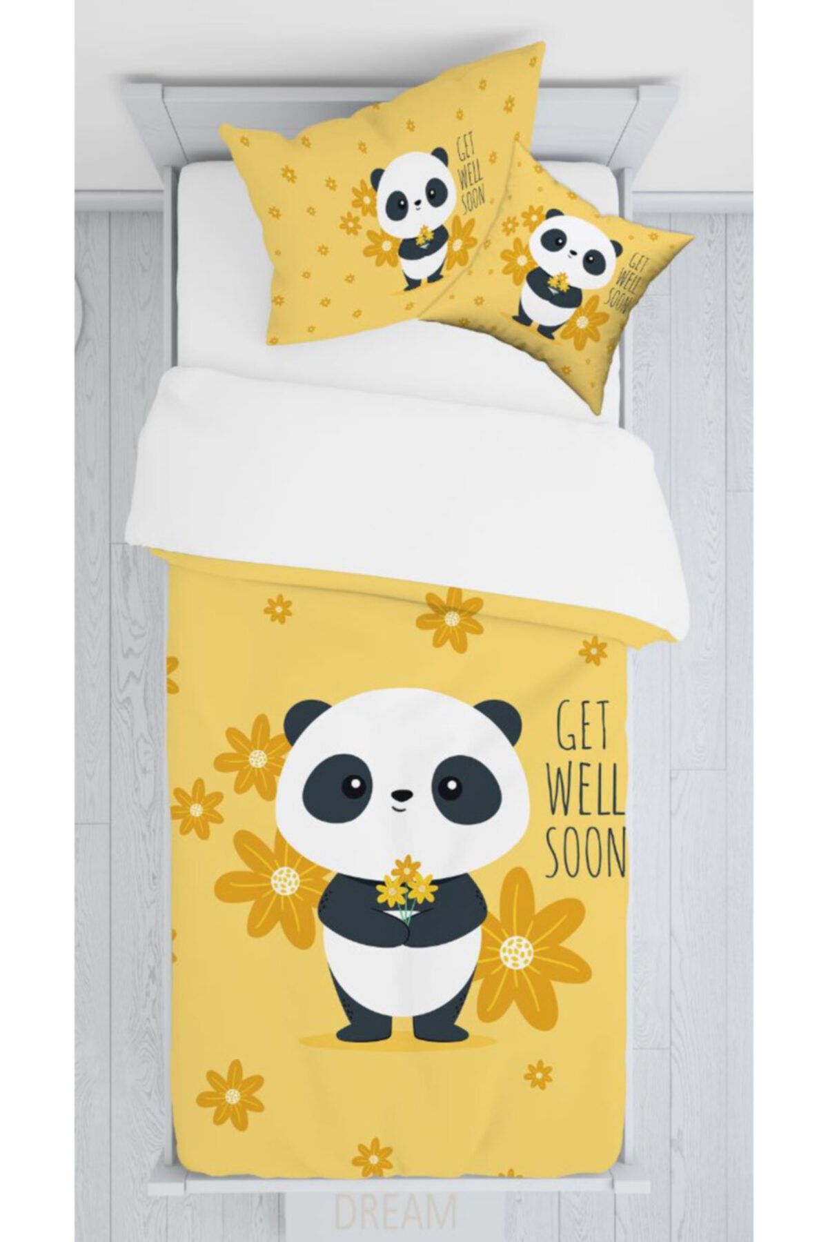 halımarkt E009 Sevimli Çiçekli Panda Sadece Yatak Örtüsü 140x220