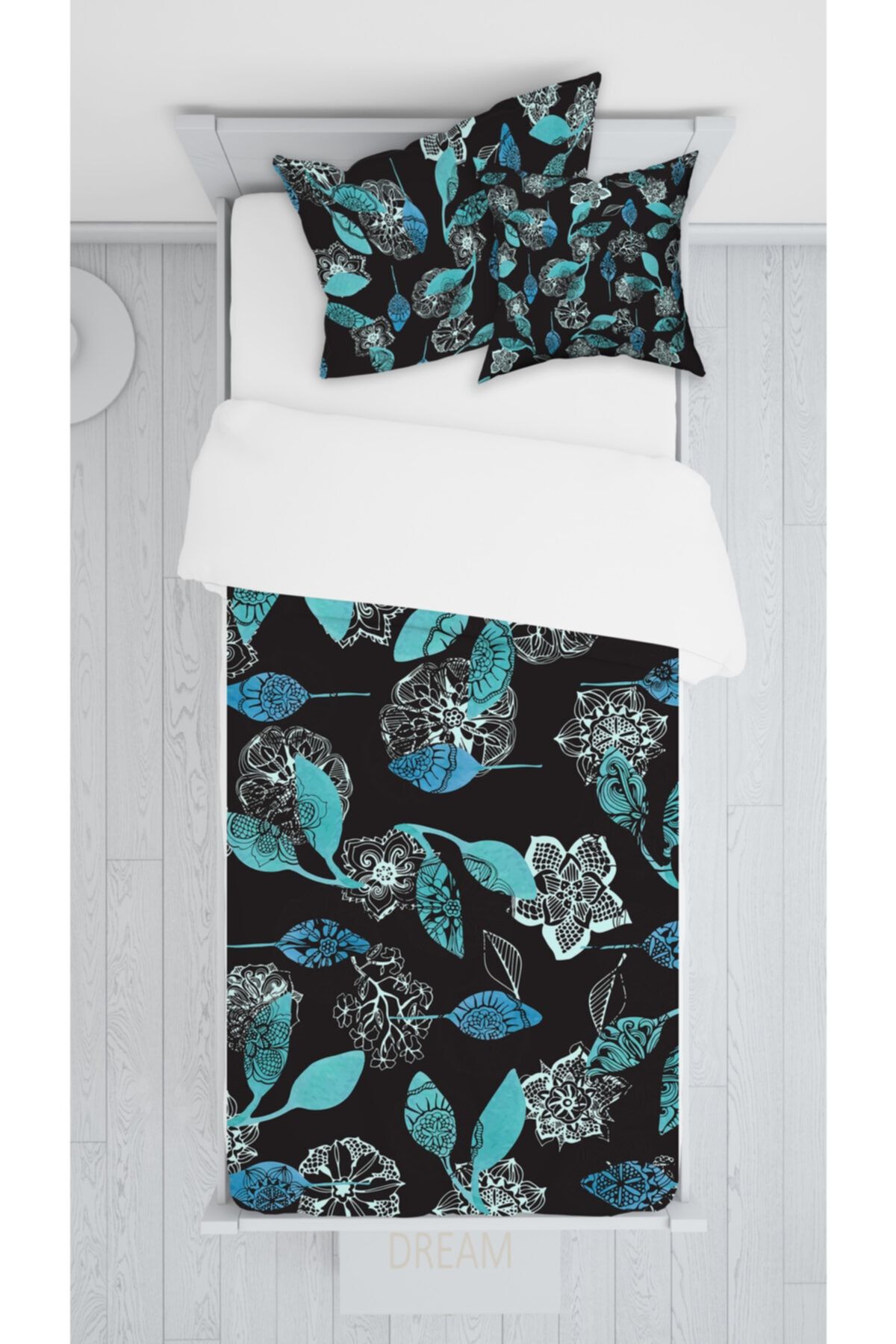 halımarkt E054 Yaprak Desenli Siyah Sadece Yatak Örtüsü 140x220