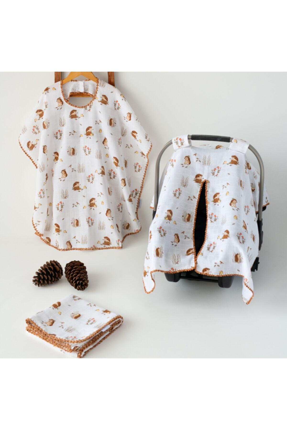 BADESKA Müslin Kirpi Desen Puset Örtüsü & Emzirme Önlüğü Çift Kat Battaniye Seti