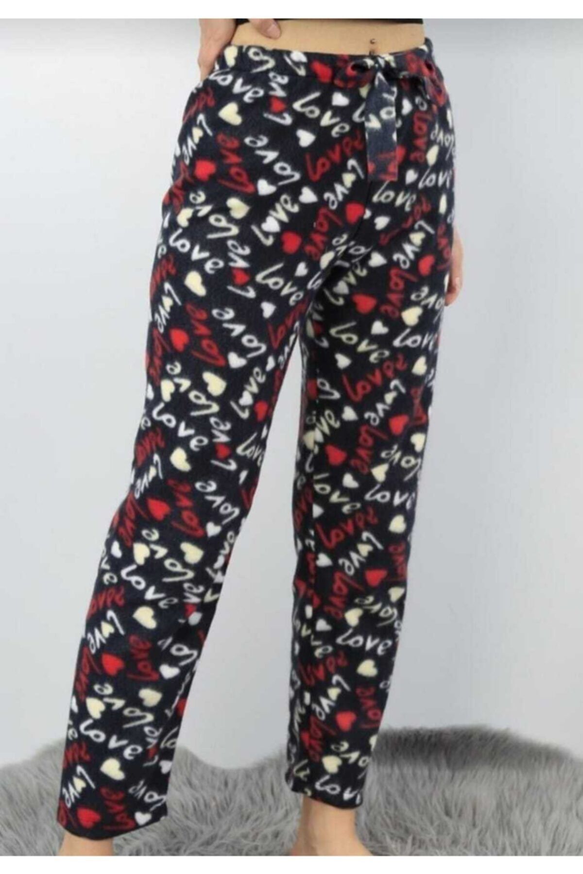 ASVE MALL Kadın Siyah Love Yazılı Polar Alt Pijama