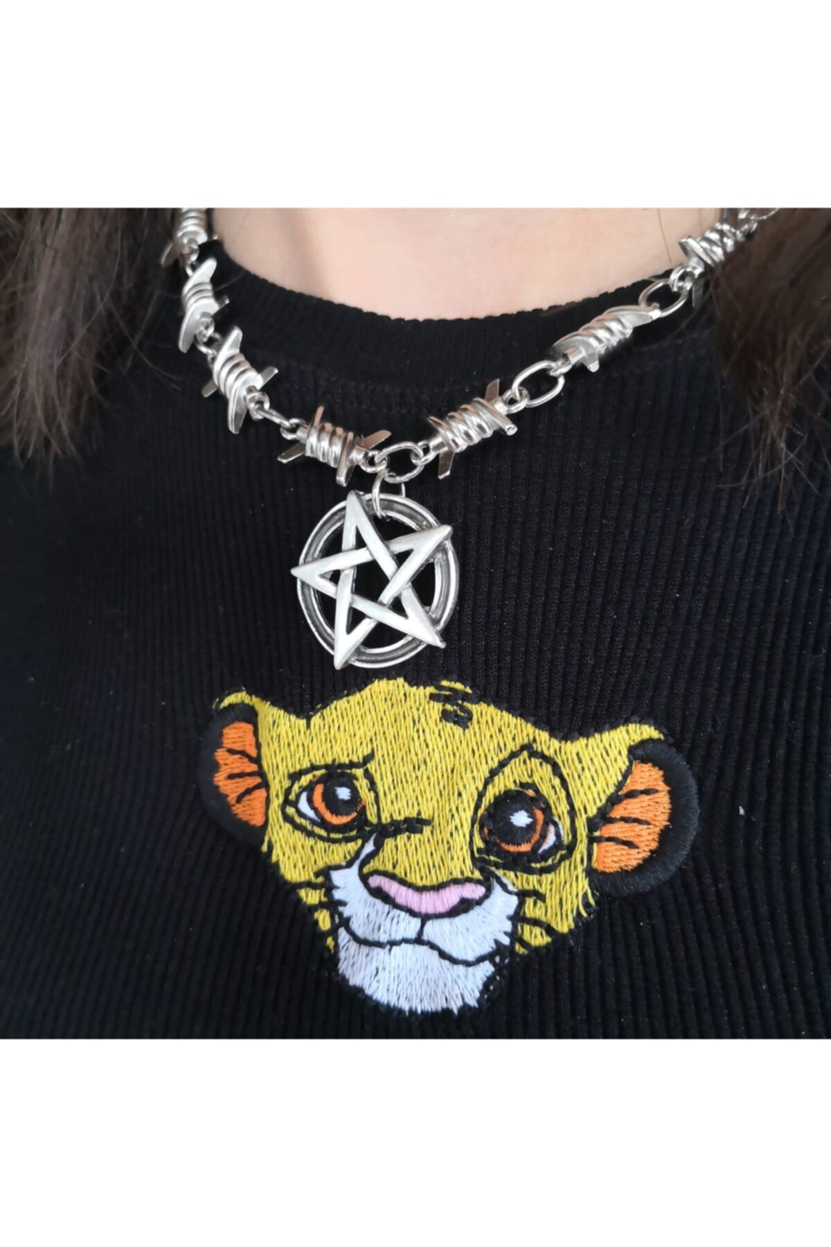 Deneme Zamanı Dikenli Tel Pentagram Tasma Choker