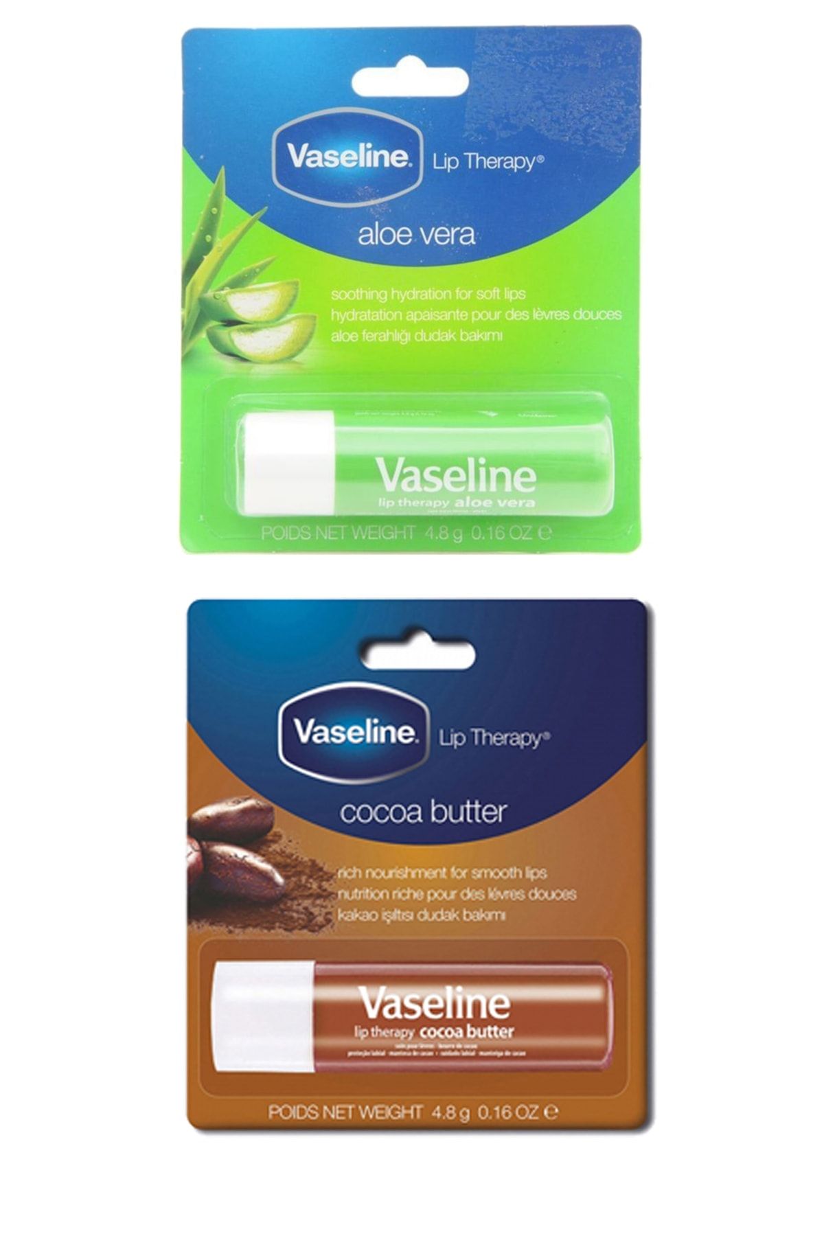 Vaseline Vaselıne Dudak Balmı Set 2'li Cocoa Butter Dudak Bakım Balmı 4,8gr + Aloe Vera Lip Care