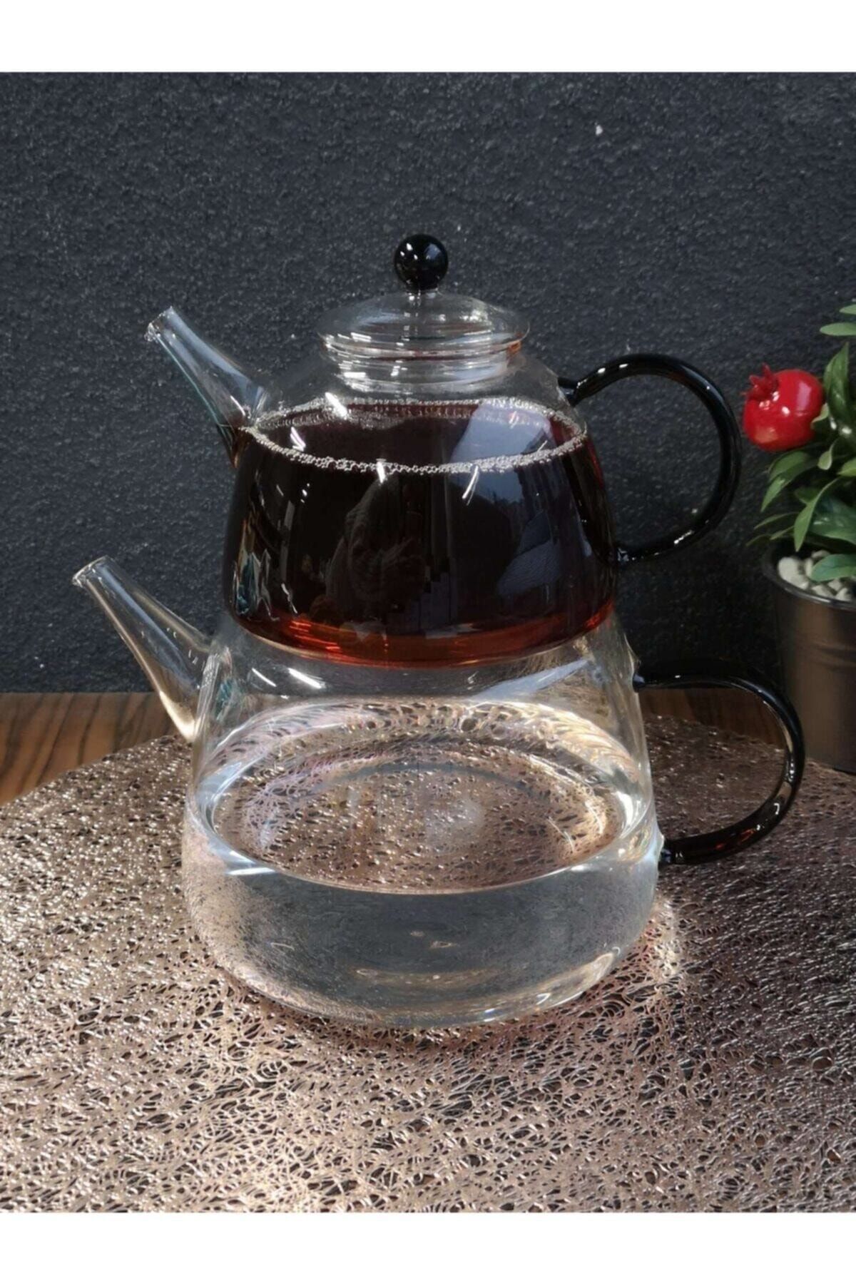 Tohana Siyah Saplı Cam Çaydanlık Seti
