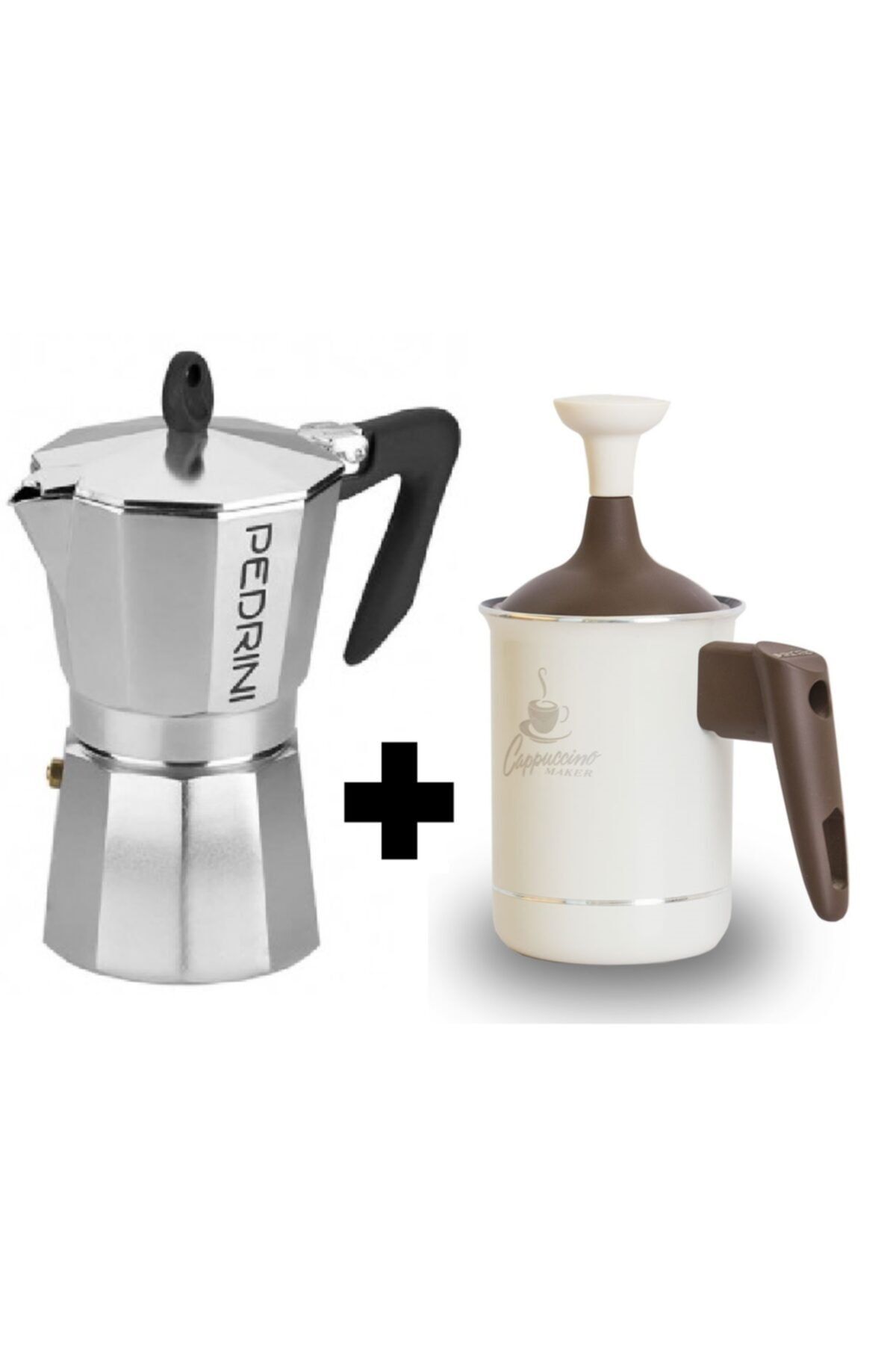 Pedrini Aluminyum Moka Pot 3 Cups - Manuel Kahve Demleyici 3 Kupa & Süt Köpürtücü 0,5 Lt