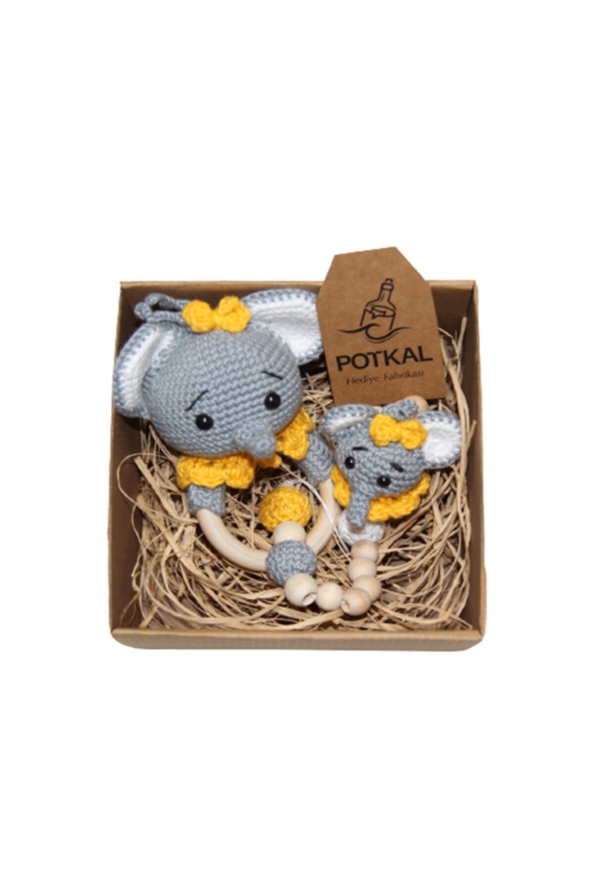 Potkal Hediye Fabrikası Sevimli Fil Sesli Diş Kaşıyıcı Ve Emzik Zinciri Amigurumi Organik Yeni Doğan Bebek Oyuncak