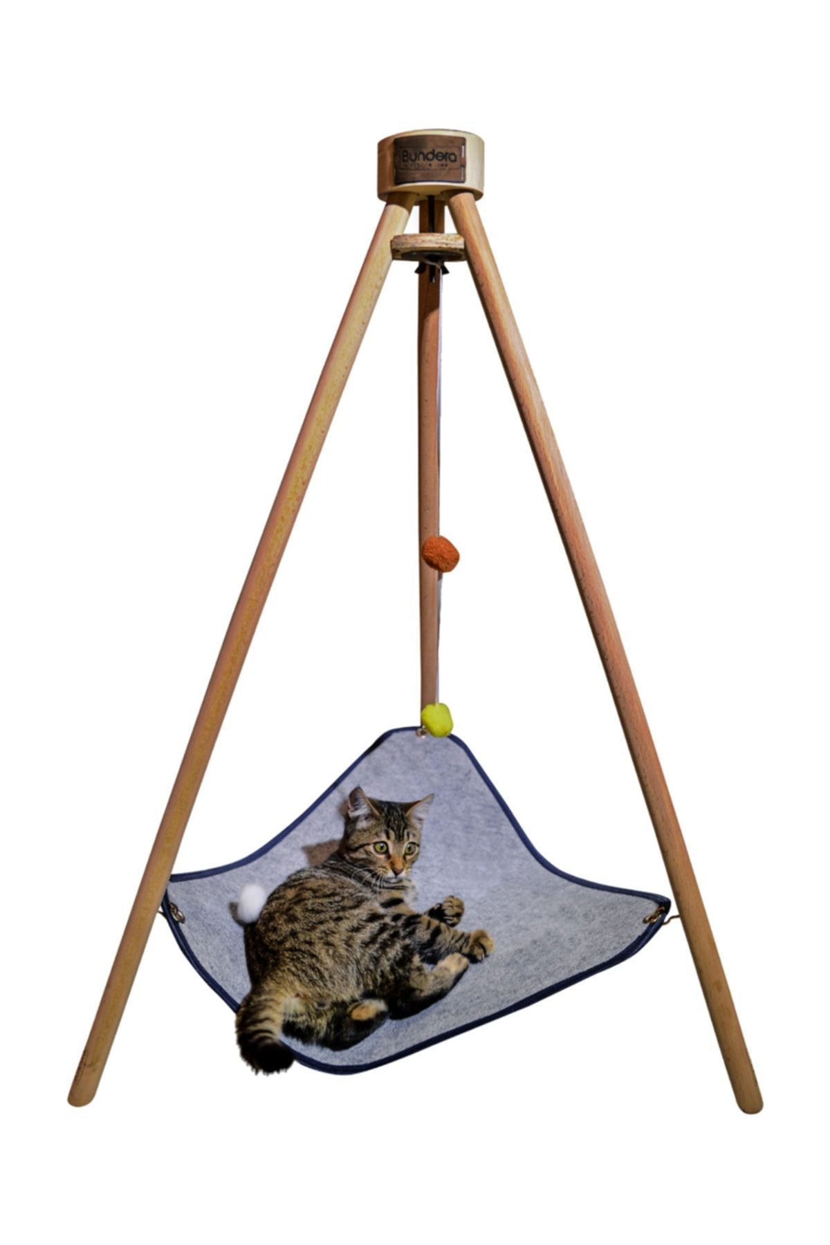 Bundera Piramit Kedi Yatağı Hamağı Evi Ahşap Tripod Evcil Hayvan Hamak Salıncak Köpek Yatağı Kedi Tırmalama