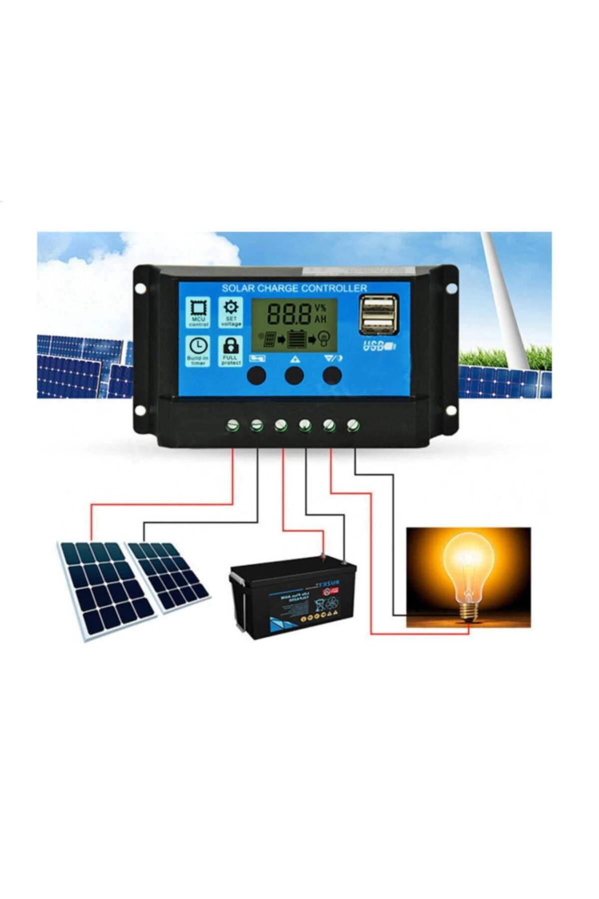 ZAUSS 30a Dijital Solar Şarj Akü Kontrol Paneli Güneş Enerjisi 2 Usb