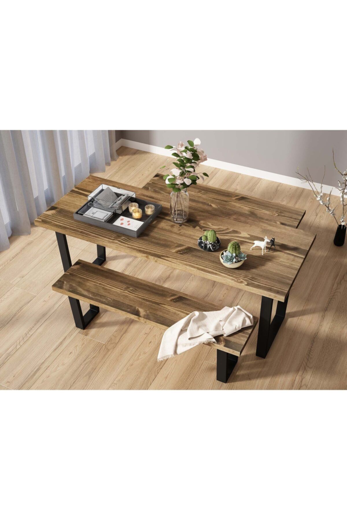 Woodesk Ayaz Masif Ceviz Renk 150x80 Çift Banklı Masa Takımı