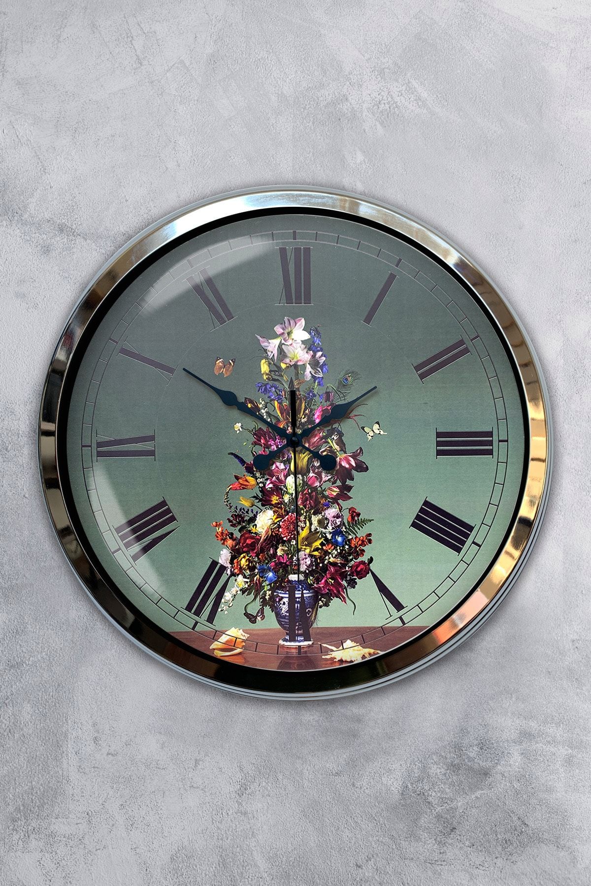 Platin Saat 40 Cm Krom Metal Vazolu Çiçek Duvar Saati