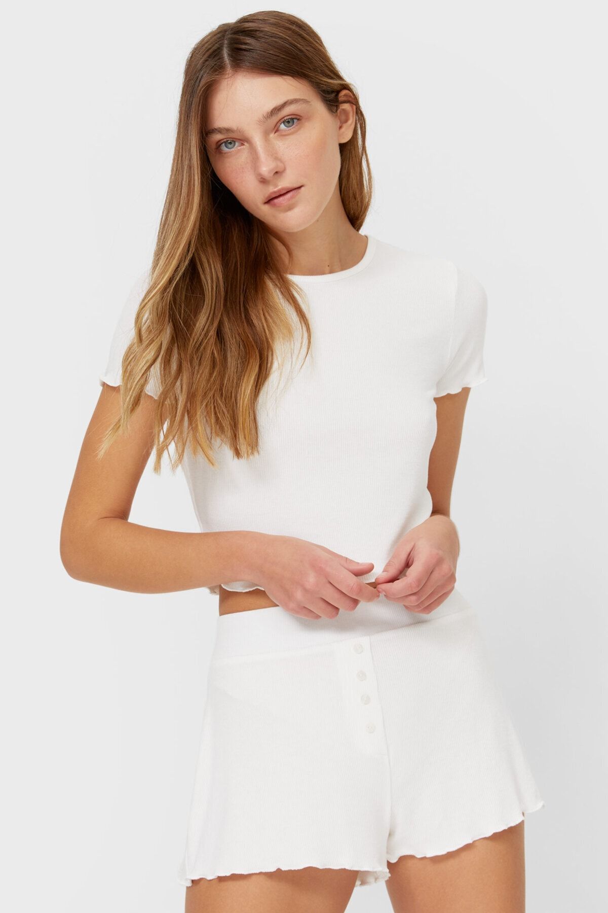 Stradivarius Kıvrımlı Kenar Şeritli, Kısa Kollu Pijama T-shirt