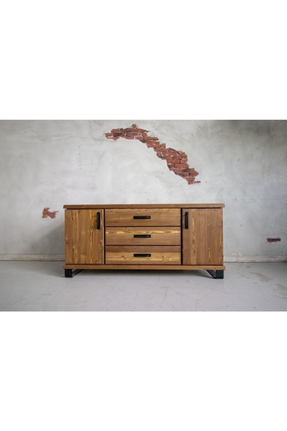 Deryawood Masif Mobilya Doğal Ahşap Modern Konsol-3 Çekmece-2 Kapak 130x45x90 cm