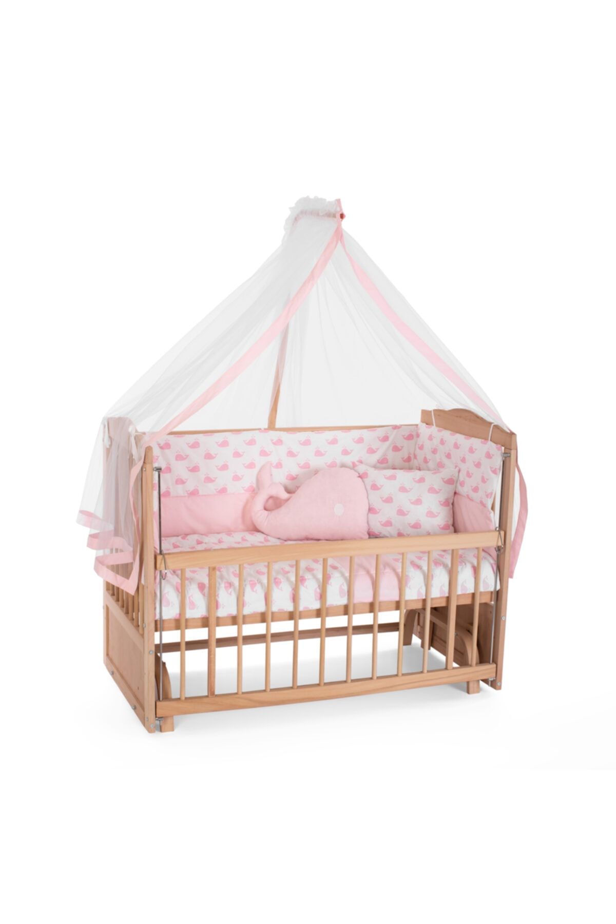 Heyner Ahşap Anne Yanı Sallanır Beşik 60x120 + Balina Uyku Seti + Yatak