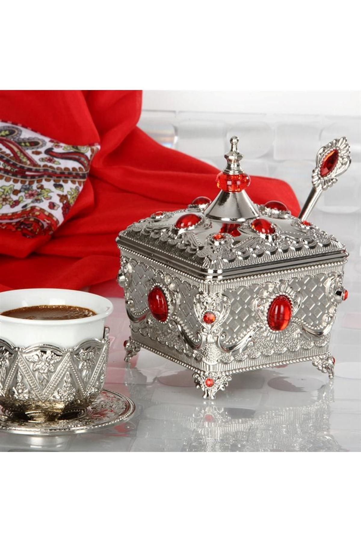MOS'EV Gümüş Kırmızı Taşlı Kaşıklı Kare Şekerlik 12x9cm