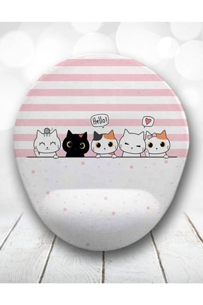 Pembe Çizgili Kedi Tasarımlı Bilek Destekli Yuvarlak Mousepad Image 0
