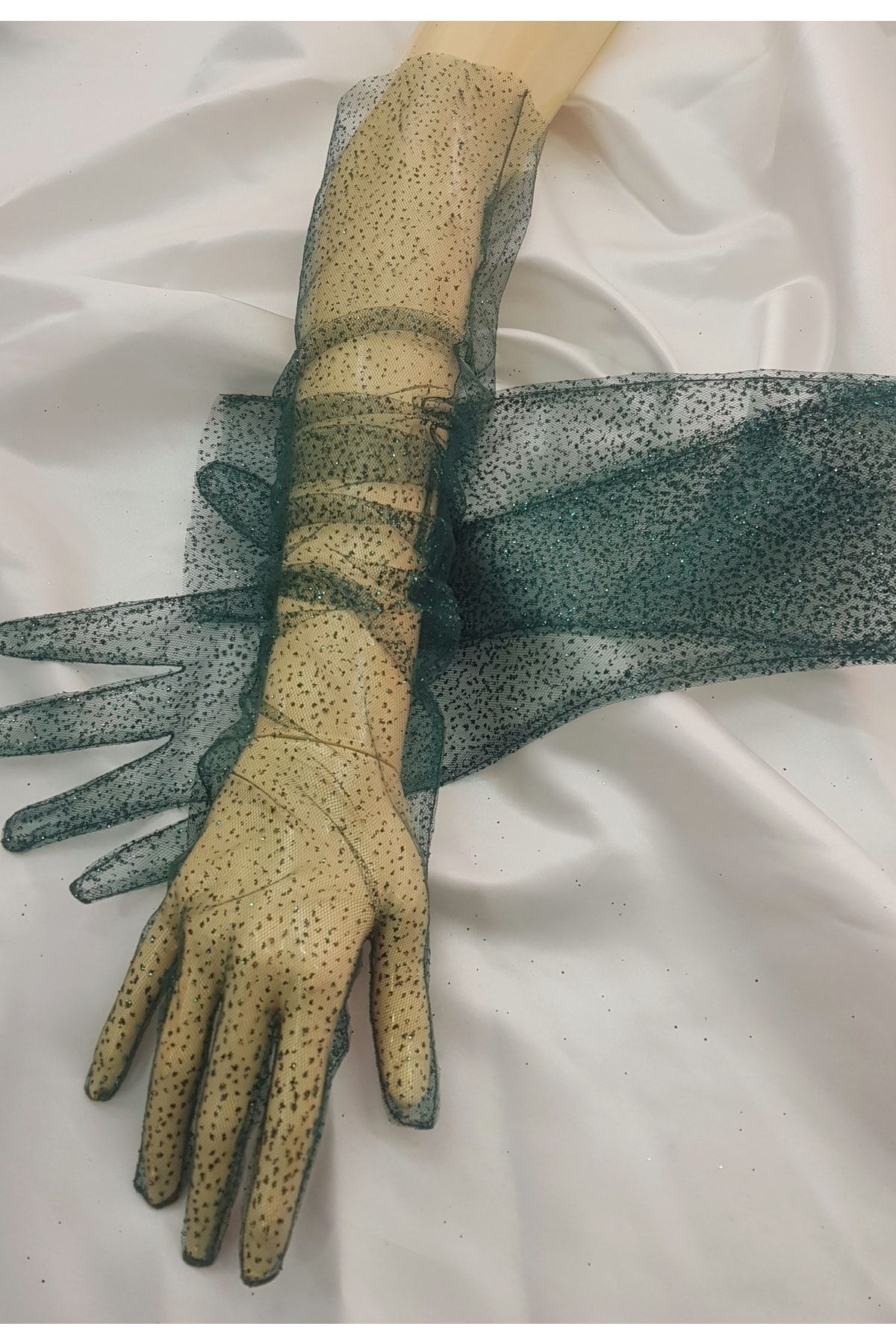 es moda shop Diamond Sparkling Evening Gloves Long Emerald Green