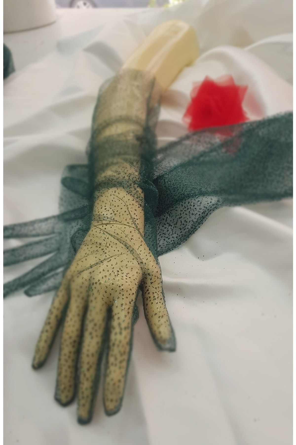 es moda shop Diamond Sparkling Evening Gloves Long Emerald Green
