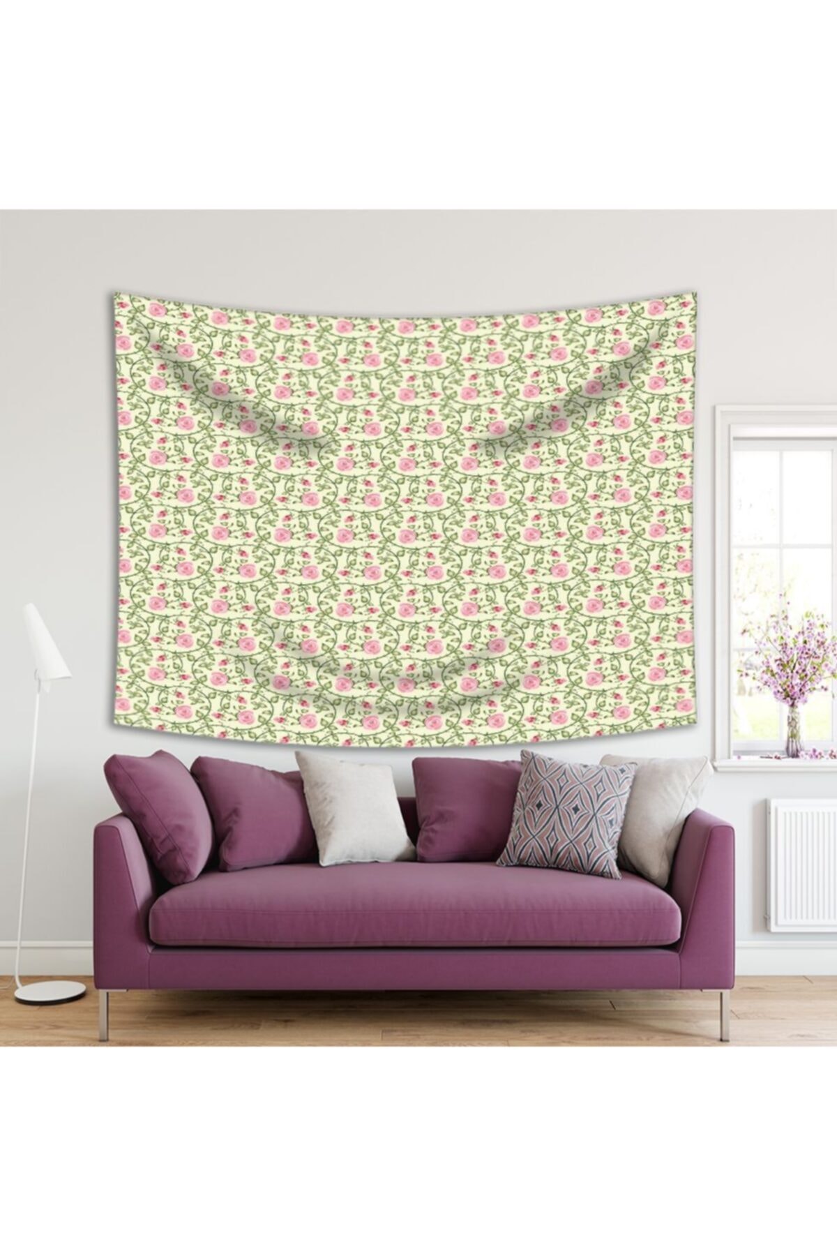 Henge Home Baskılı Duvar Örtüsü Pembe Gül Tomurcuk Yeşil Yapraklar Desenli