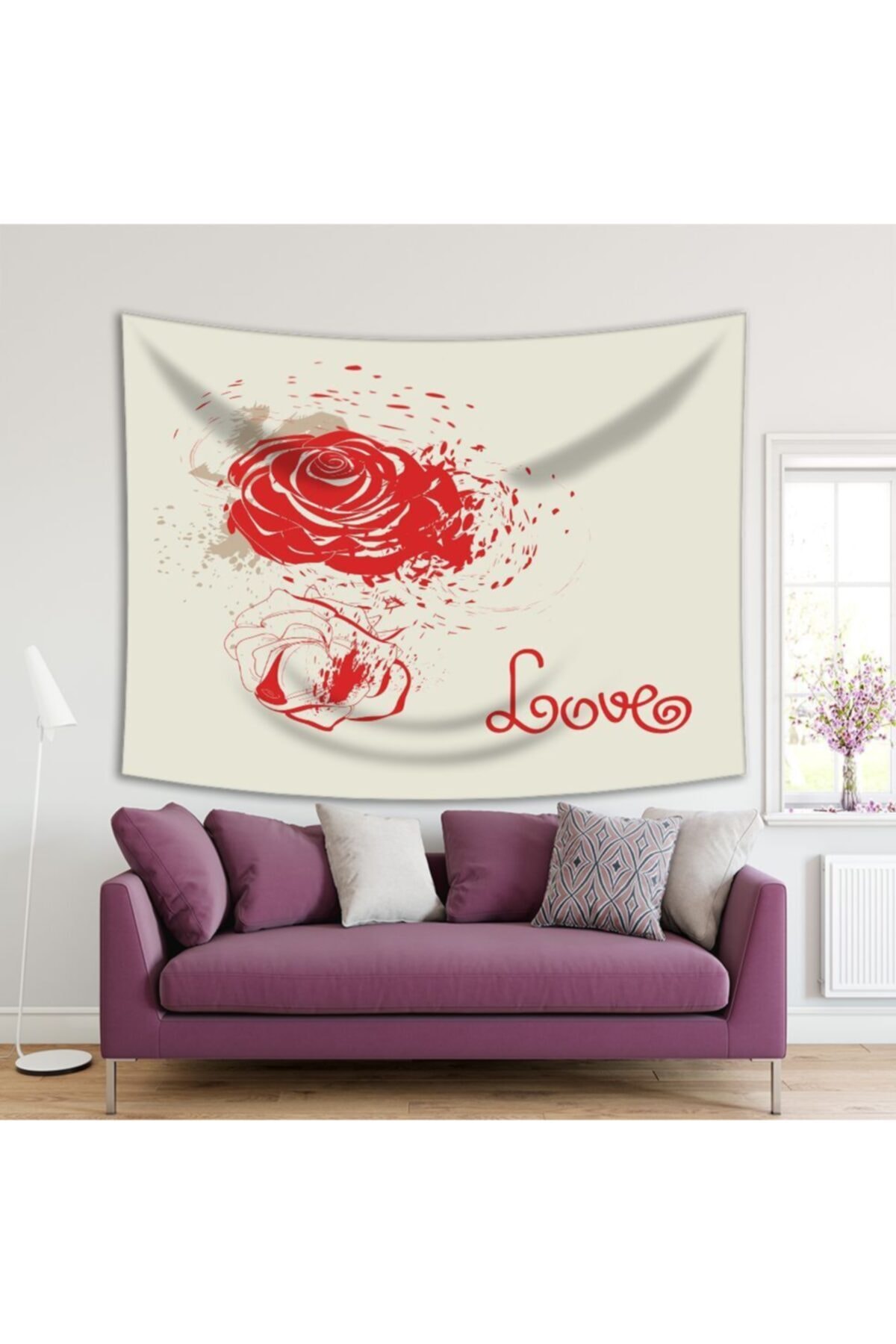 Henge Home Baskılı Duvar Örtüsü Aşk Love Sevmek Kırmızı Gül Desenli