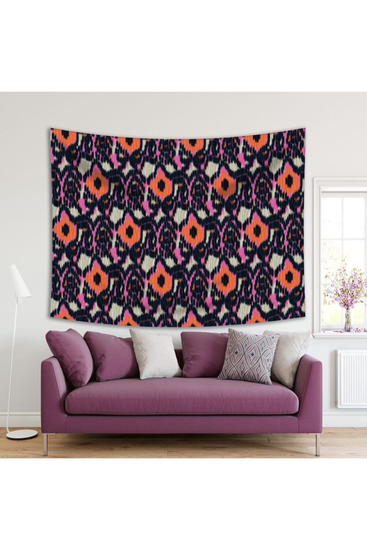 Henge Home Baskılı Duvar Örtüsü Pembe Siyah Turuncu Renkli İkat Desenli