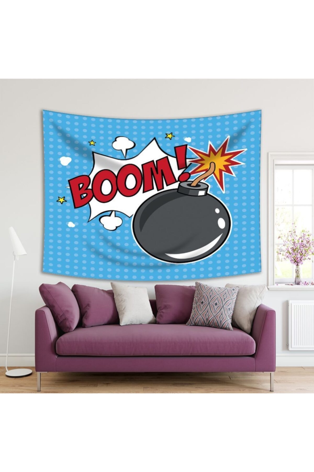 Henge Home Baskılı Duvar Örtüsü Mavi Pop-Art Sanatı Etkili  Bomba Desenli