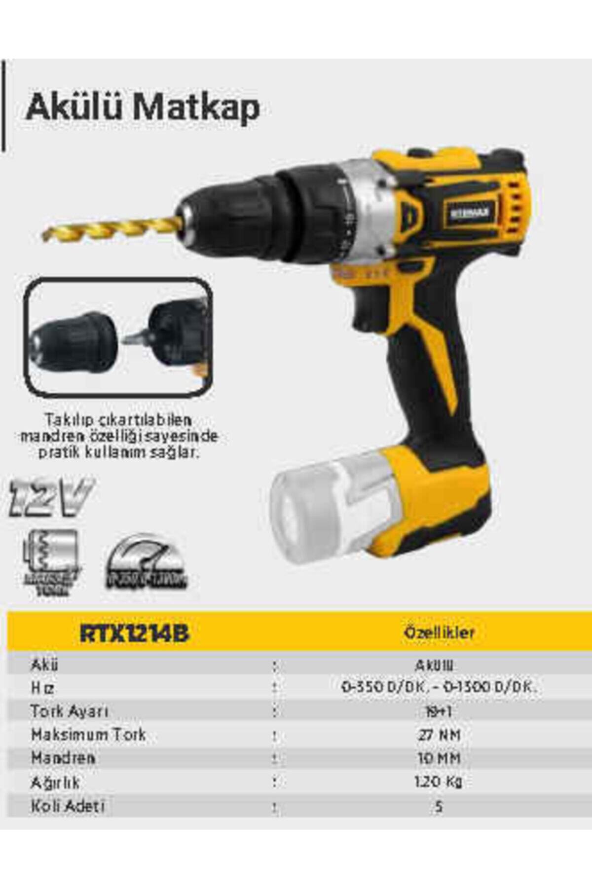 Rtrmax Akülü Matkap Fenerli Rtx1214b