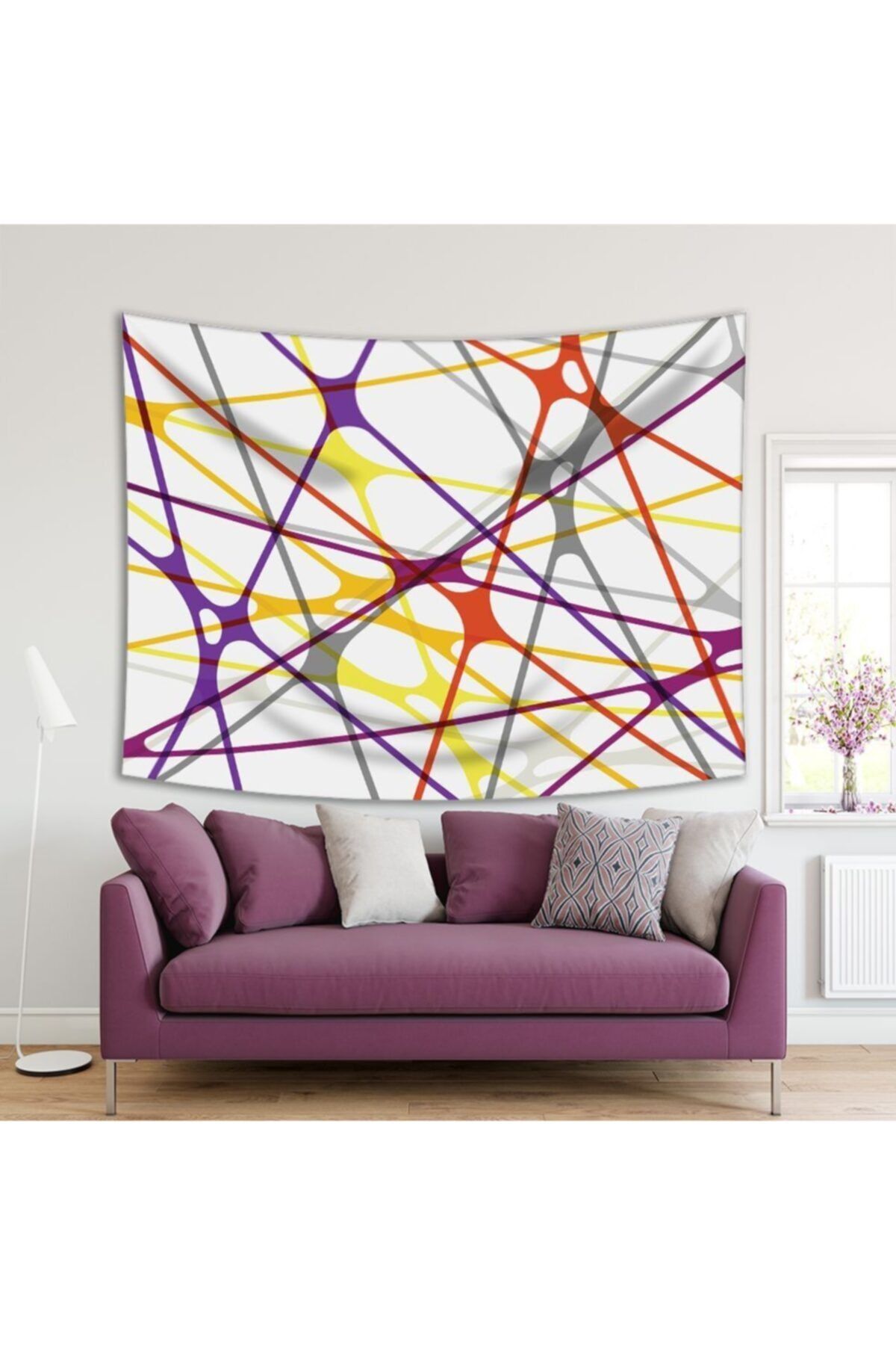 Henge Home Baskılı Duvar Örtüsü Renkli Geometrik Ağ Desenli Sarı Mor Gri