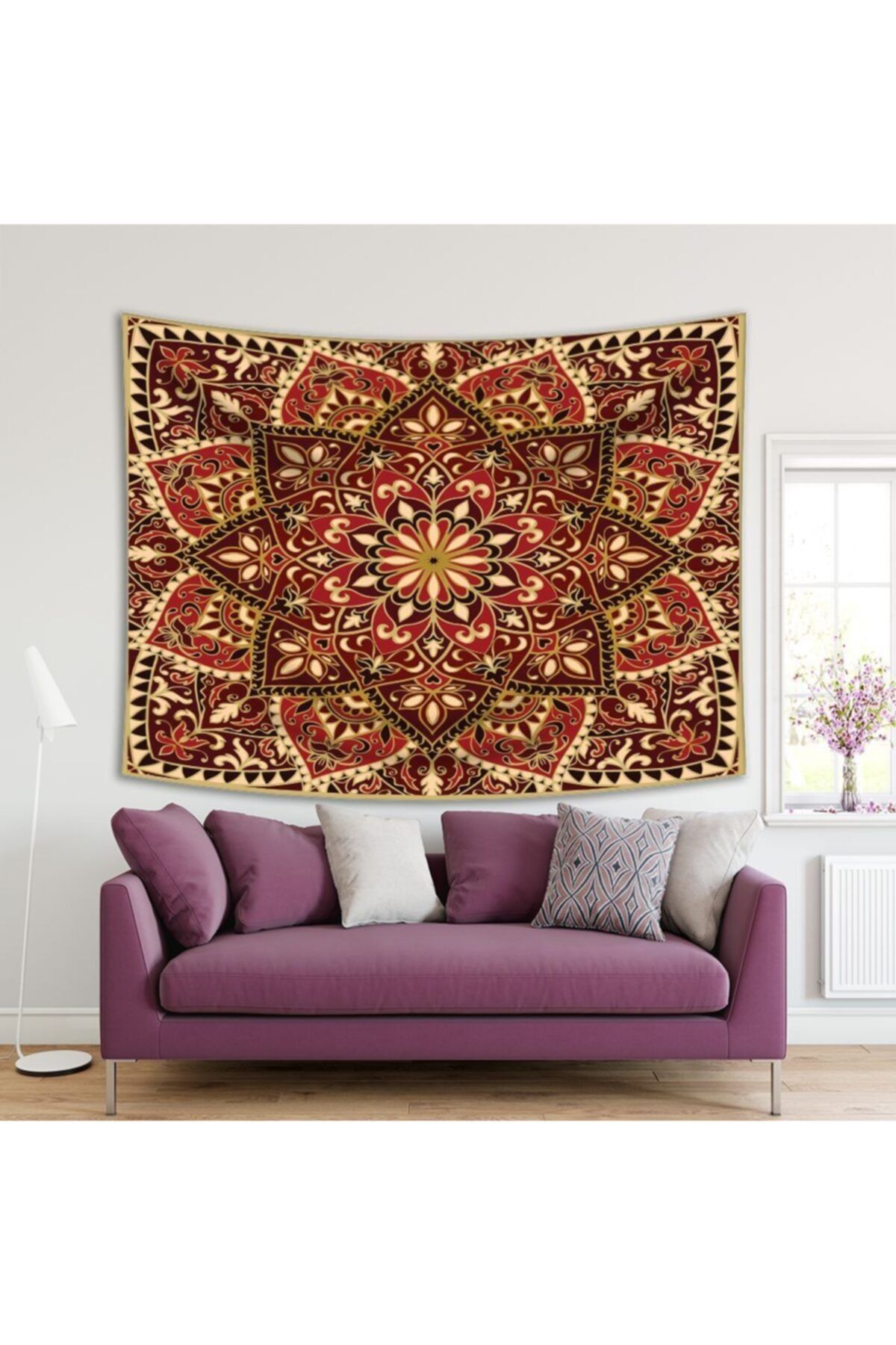 Henge Home Baskılı Duvar Örtüsü Geleneksel Motif Kahverengi Kırmızı Sarı