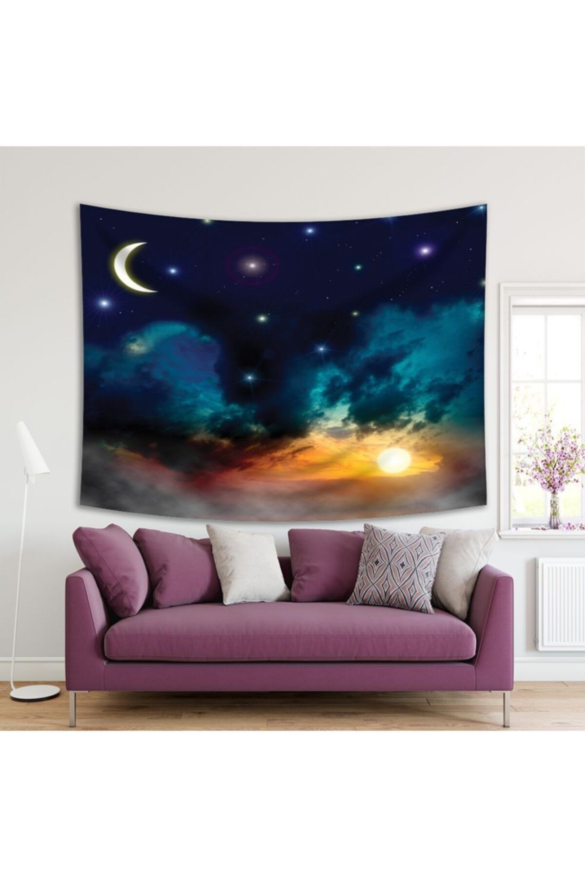 Henge Home Baskılı Duvar Örtüsü Gece Gökyüzü Ay Güneş Desen