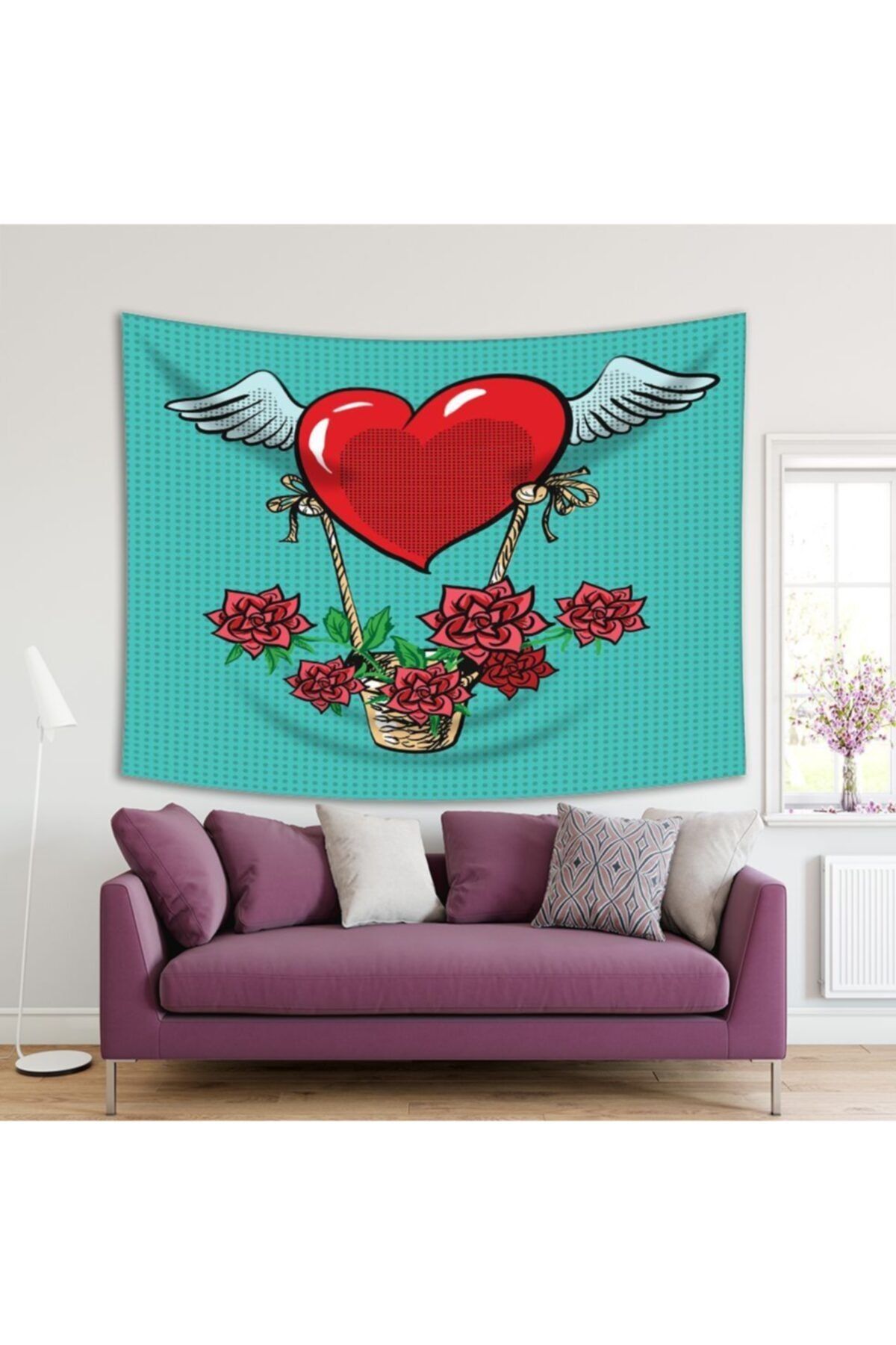 Henge Home Baskılı Duvar Örtüsü Popart Kalp Çiçek Deseni