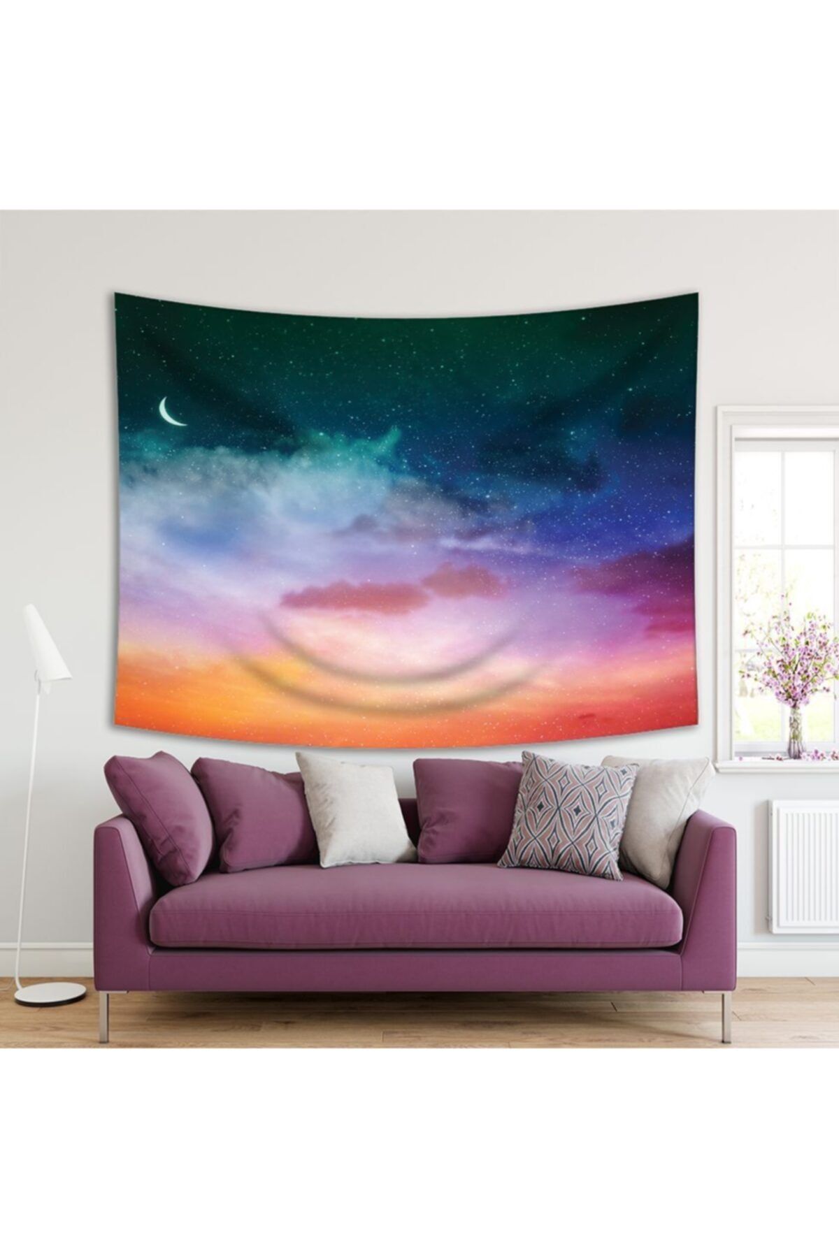 Henge Home Baskılı Duvar Örtüsü Gece Manzarası Ay Bulut Yıldız Deseni Mor