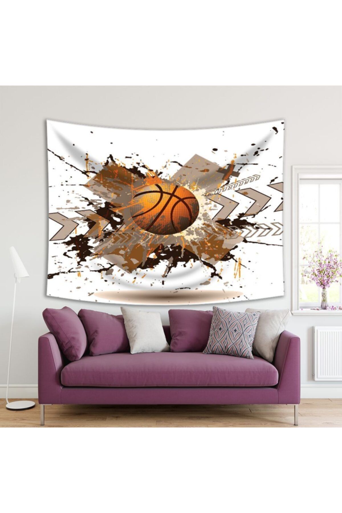 Henge Home Baskılı Duvar Örtüsü Parça Boyalı Basketbol Deseni Kahverengi