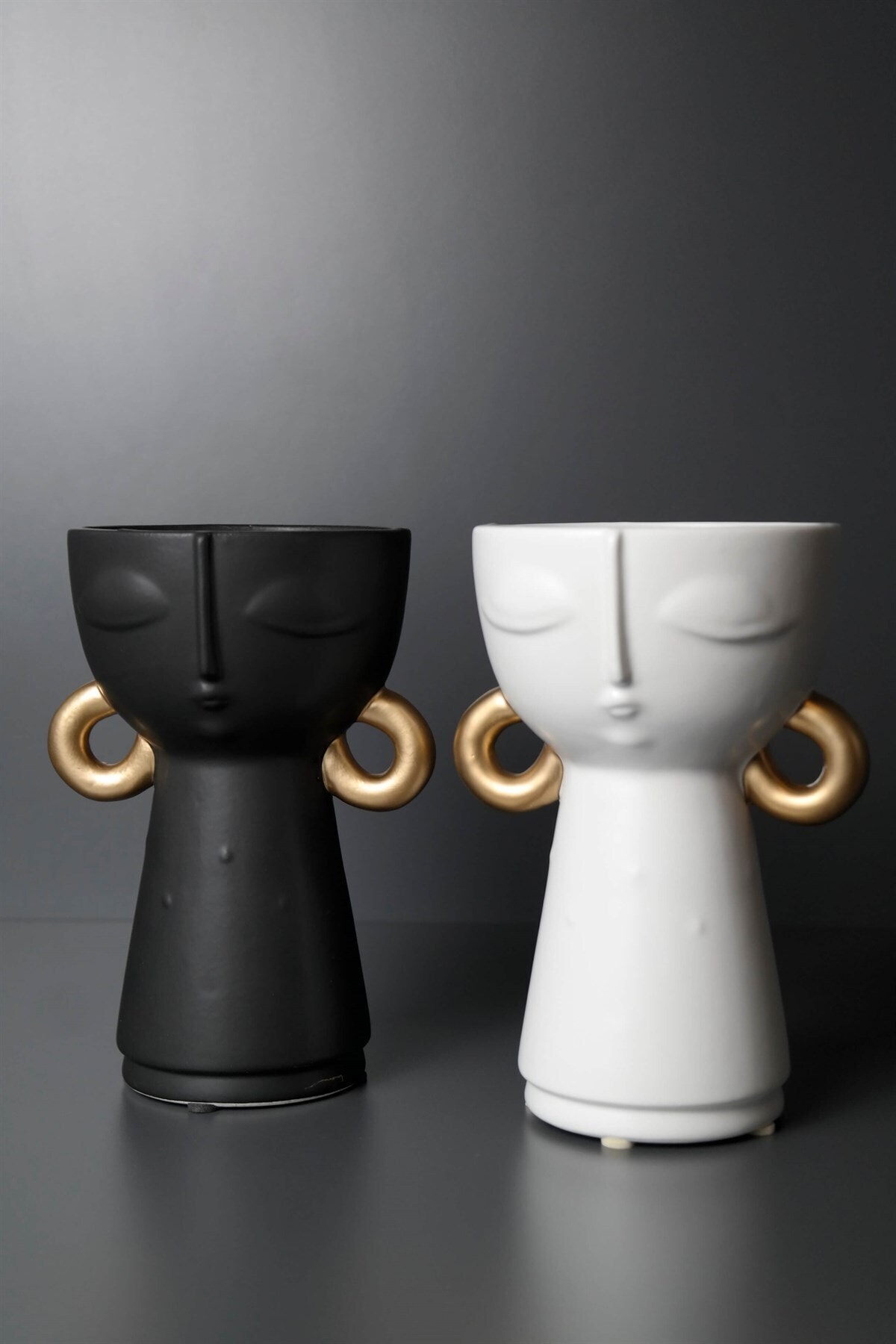 Joy Home Siyah Beyaz Ikili Gold Detaylı Yüz Tasarımlı Vazo Takımı