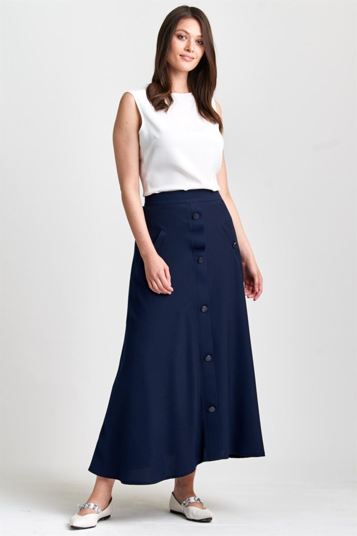 Esswaap Kadın Lacivert Önü Düğmeli Kloş Etek