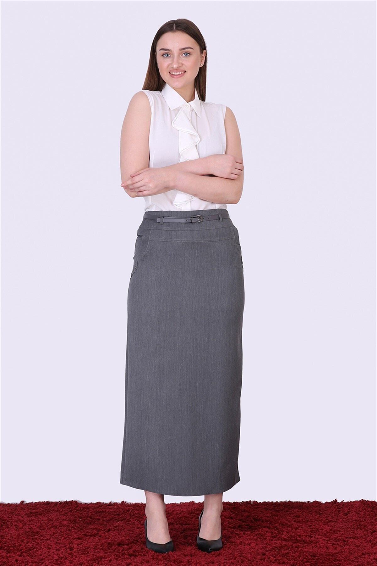 apsen Kadın Gri Kemerli Cep Ve Düğme Detaylı Poliviskon Tesettür Etek 2099/95