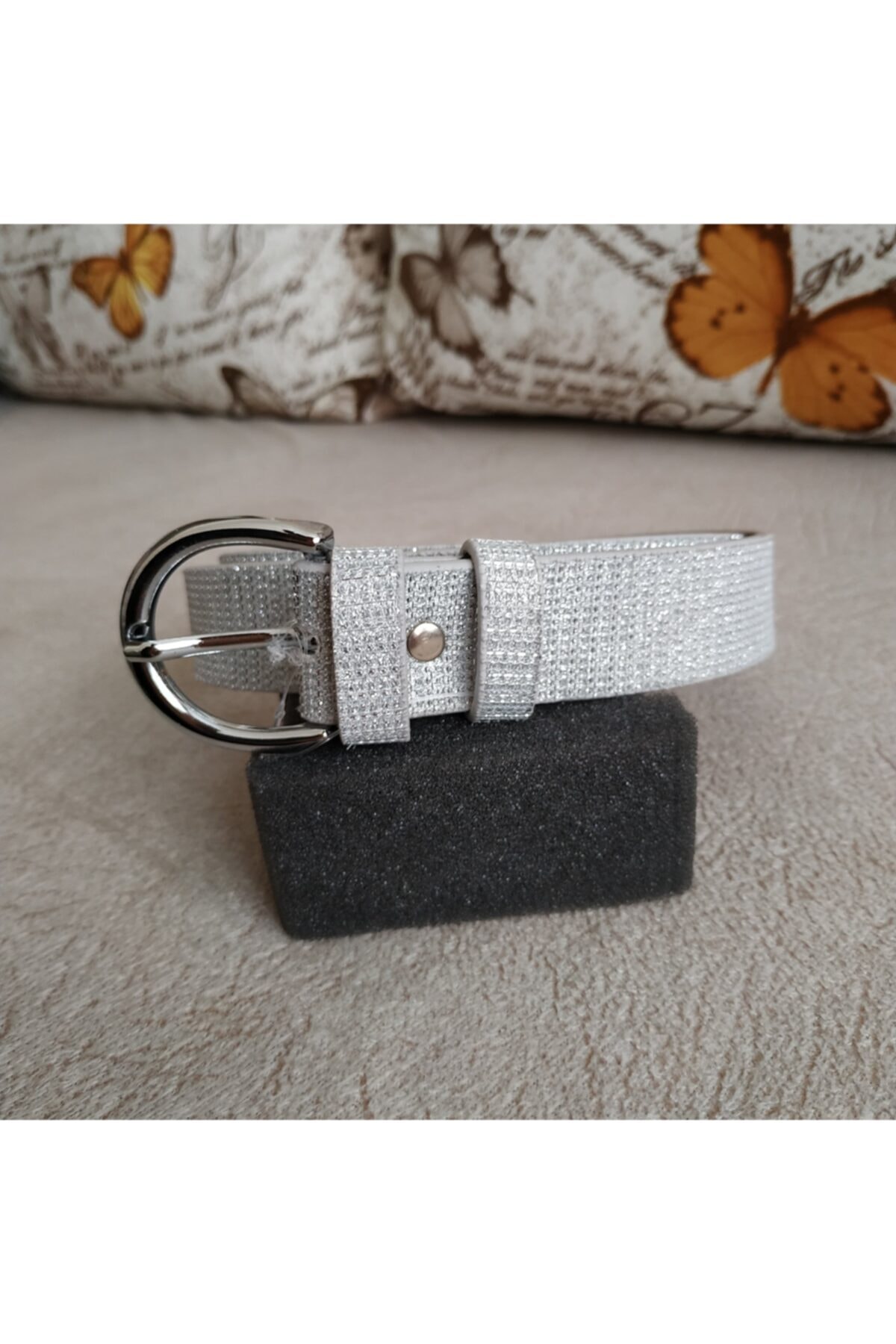 Parlak Bijuteri Kadın Parlak Beyaz Simli Yarım Ay Tokalı Deri Kemer