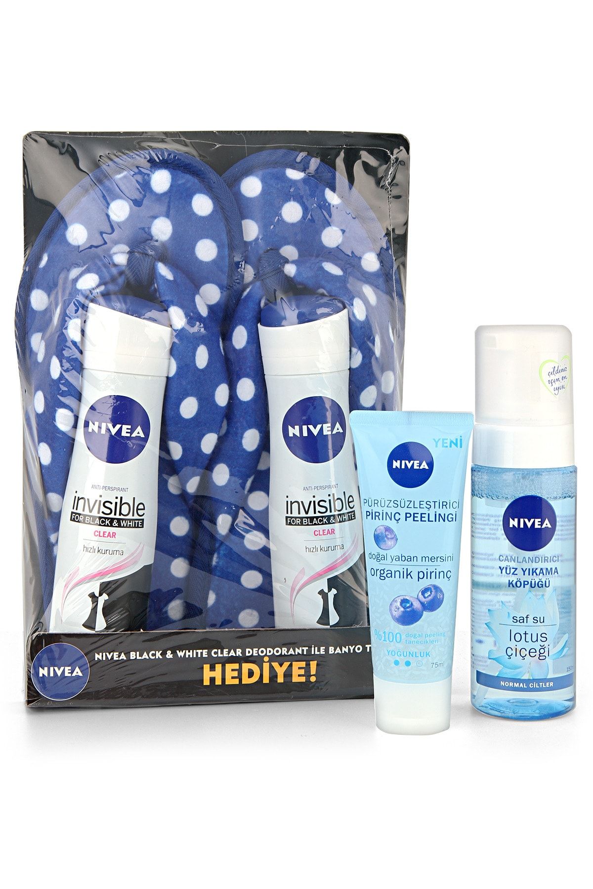Nivea Cilt Bakım Seti - 2 Deo’lu Banyo Terliği + Pürüzsüzleştirici Pirinç Peelingi+yüz Temizleme Köpüğü