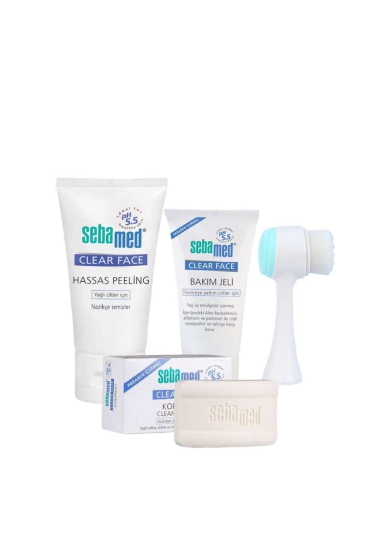 Sebamed Clear Face Bakım Jeli+hassas Peeling 150 ml + Kompakt Cleansing Bar 100 gr. + Yüz Temizleme Fırçası