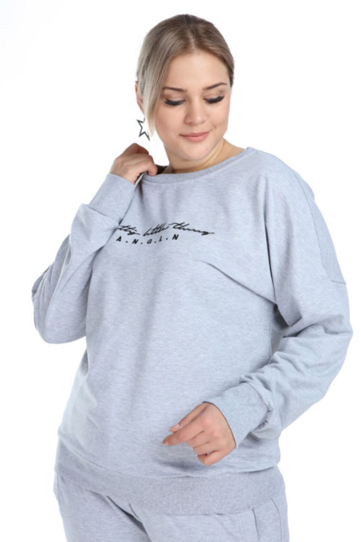 ANGELINO Kadın Gri Büyük Beden Sweatshirt 2525
