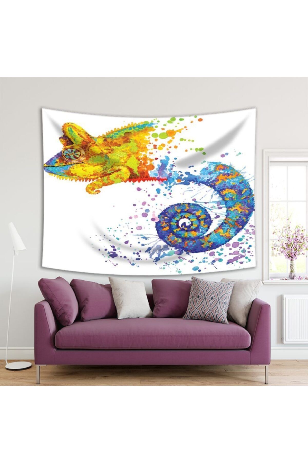 Henge Home Baskılı Duvar Örtüsü Sulu Boya Etkili Bukalemun Deseni