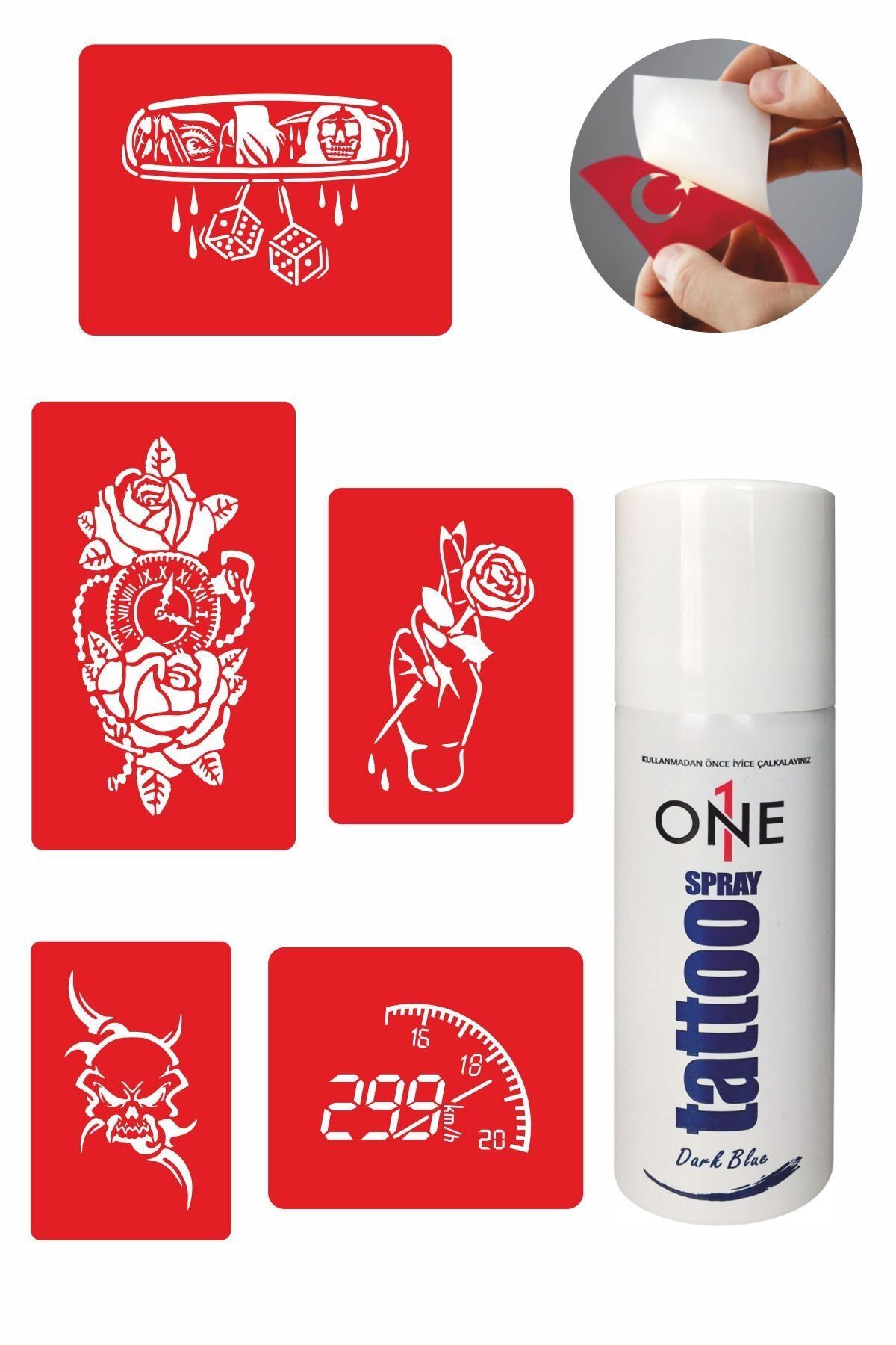 ONE SPRAY TATTOO Son Sürat Dövme Seti Dark Blue Sprey Ve 5 Desen