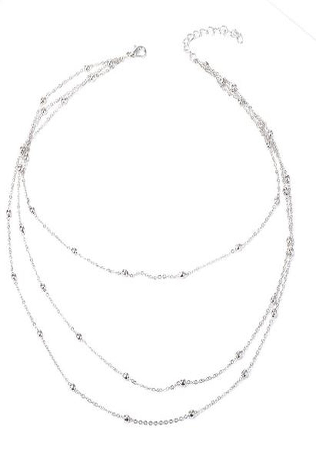 ROSALINDA COLLECTION Üçlü Kadın Kolye Mini Top Boncuklu Trend Çoklu Kolye - Silver