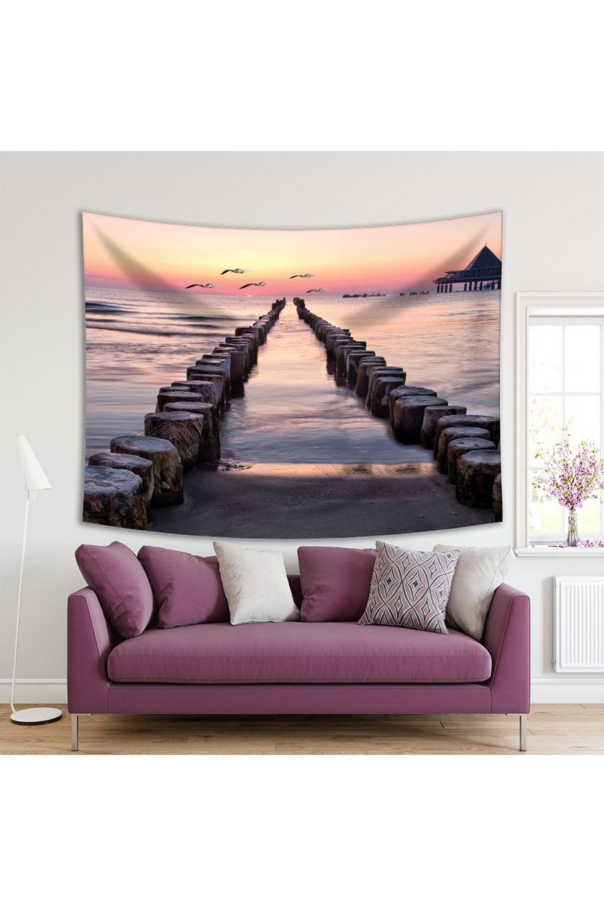 Henge Home Baskılı Duvar Örtüsü Gündoğumu Manzaralı Sahil Kuş Desenli