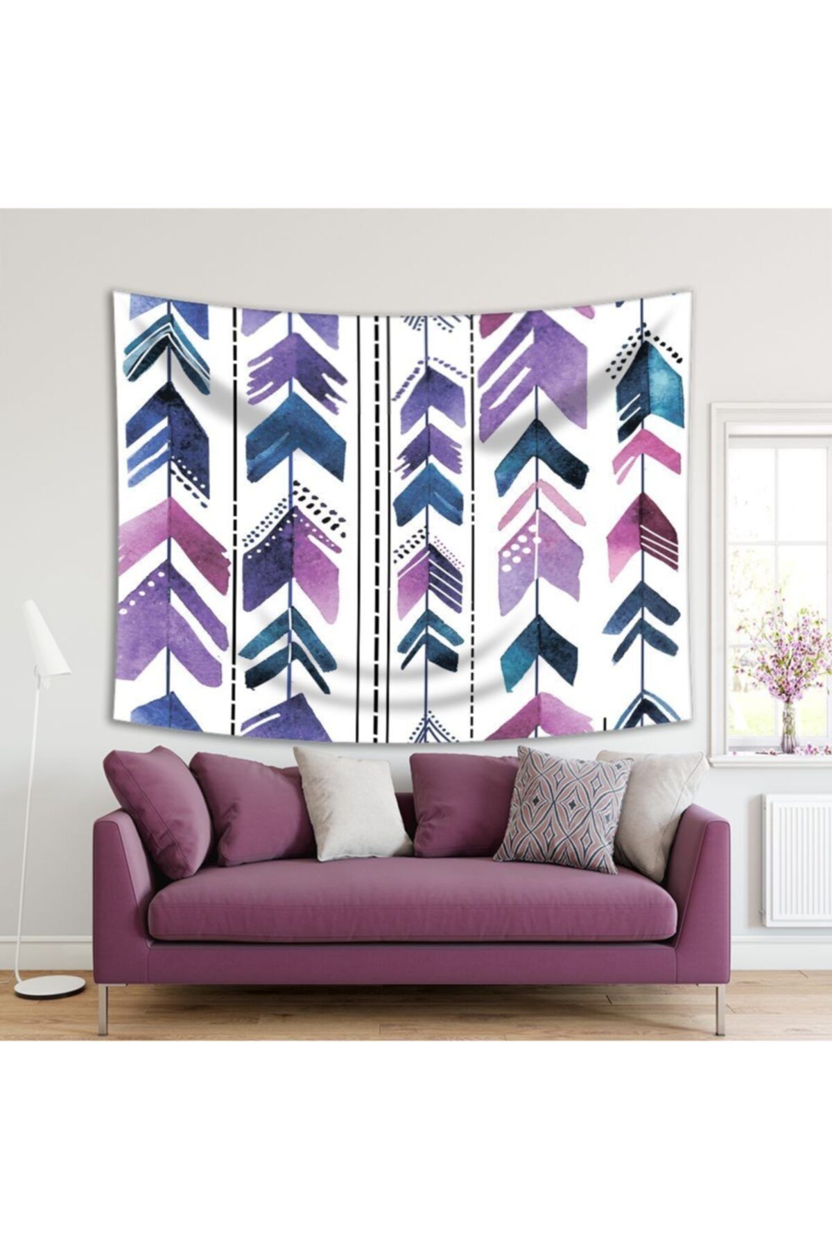 Henge Home Baskılı Duvar Örtüsü Sulu Boya Etkili Mor Ok Desenli