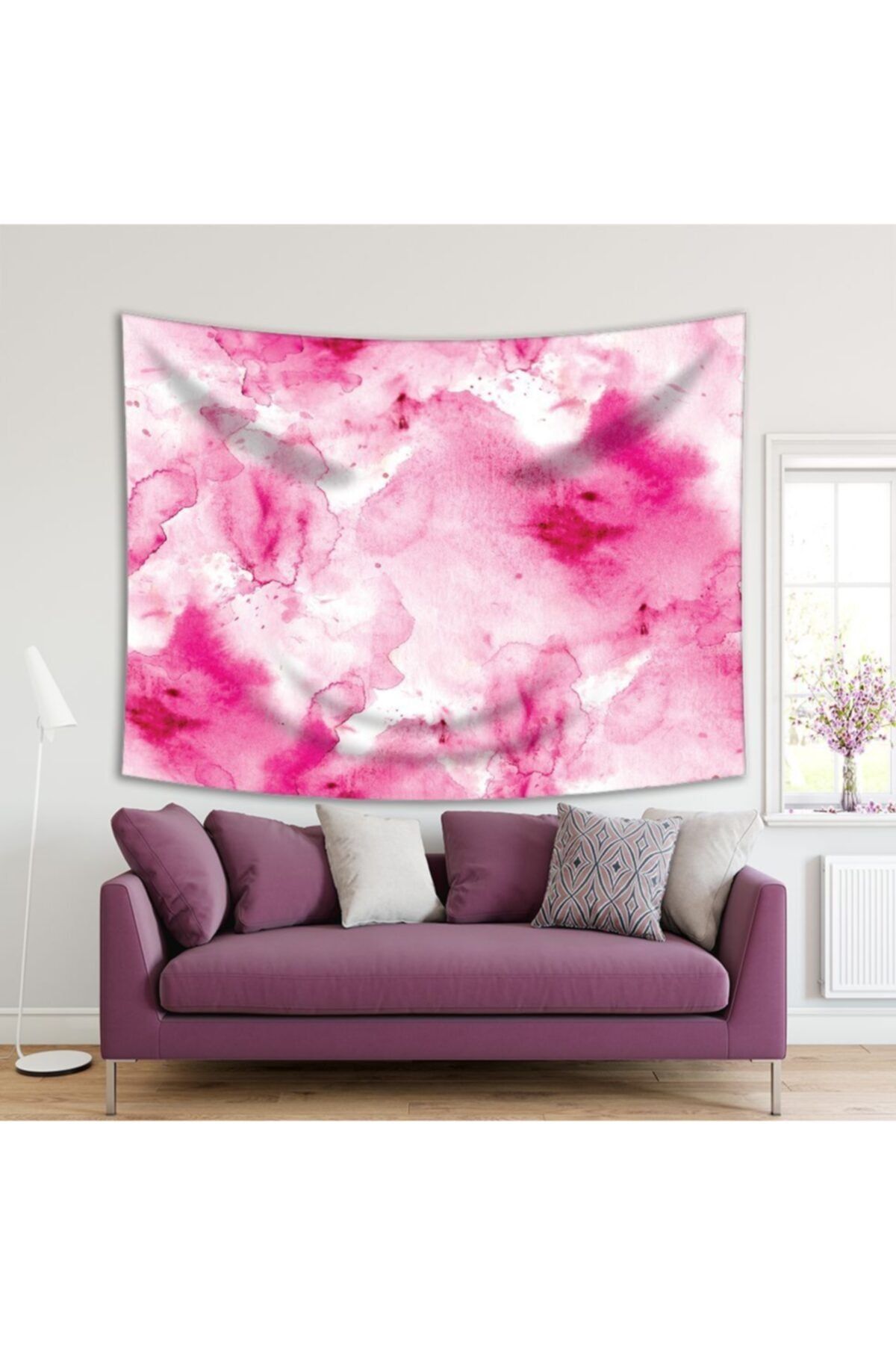 Henge Home Baskılı Duvar Örtüsü Sulu Boya Etkili Pembe Desenli