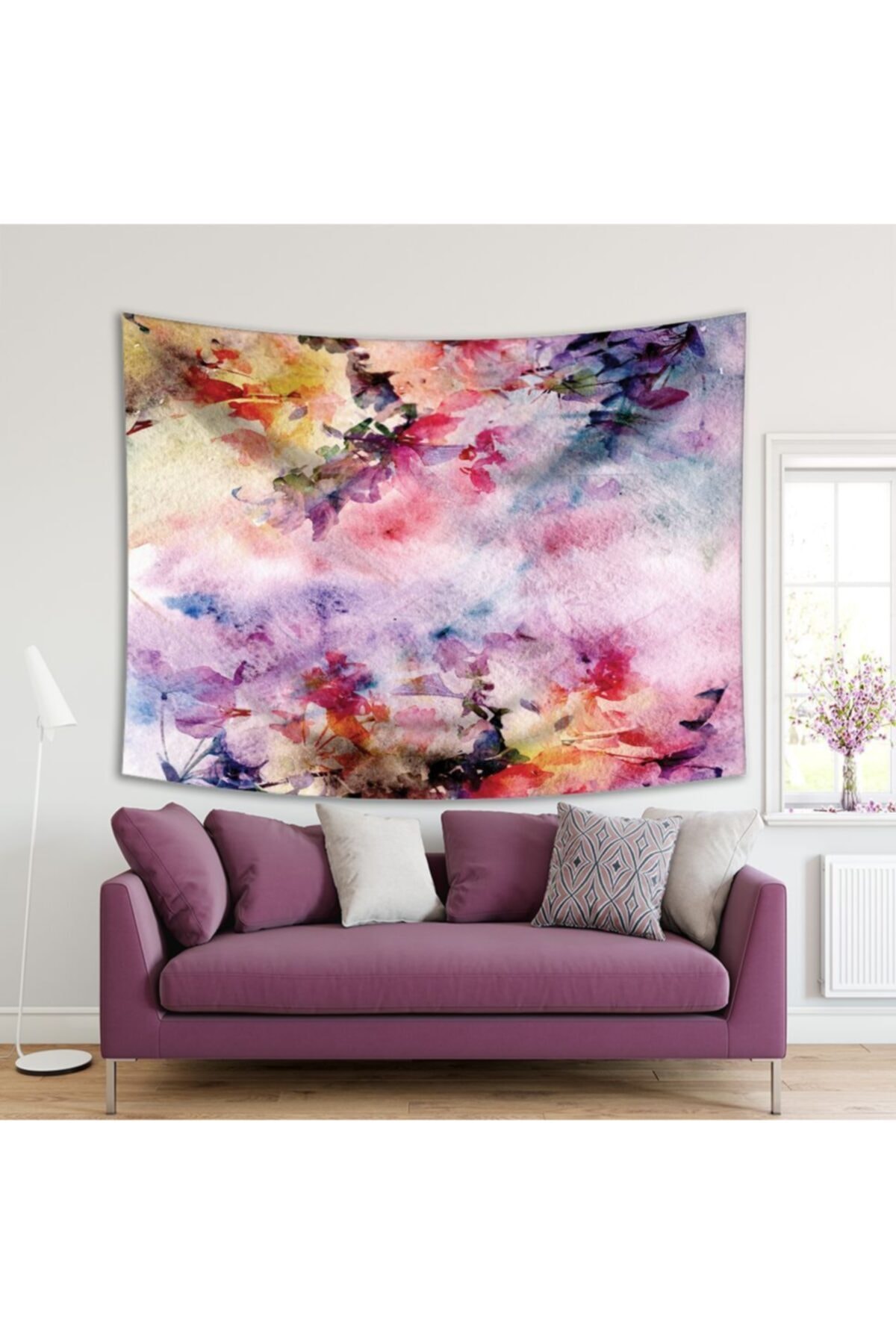 Henge Home Baskılı Duvar Örtüsü Sulu Boya Etkili Vintage Çiçek Desenli