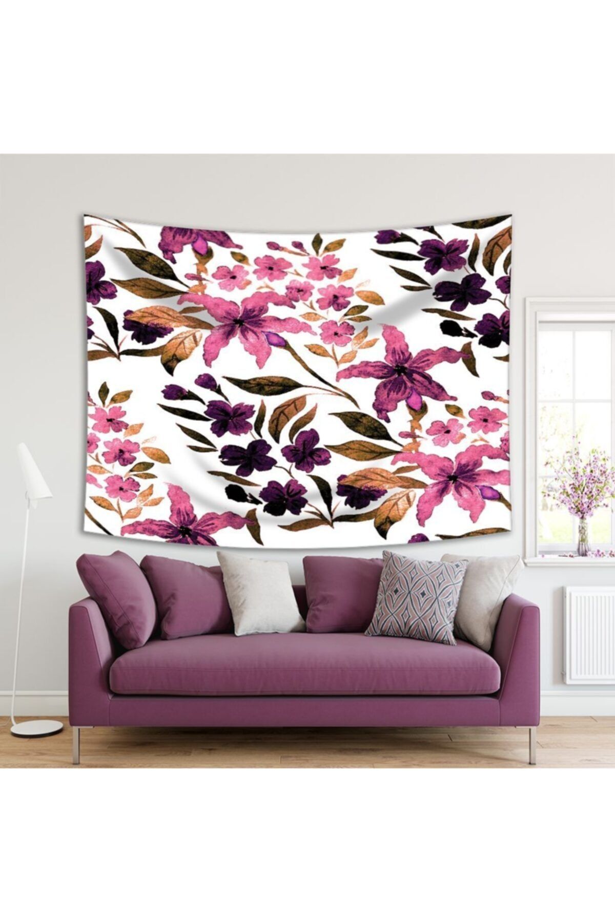 Henge Home Baskılı Duvar Örtüsü Pembe Mor Çiçek Desenli