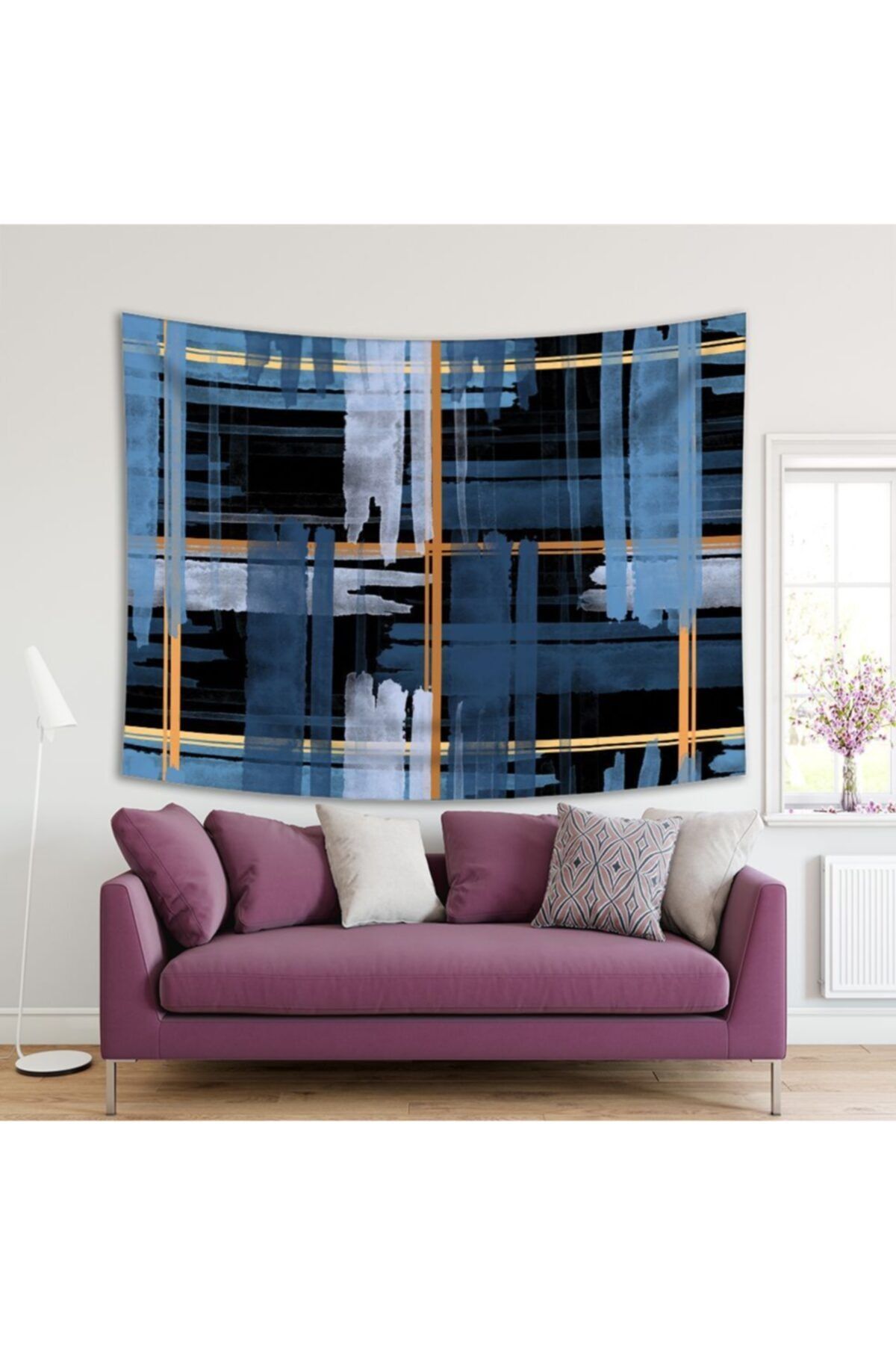 Henge Home Baskılı Duvar Örtüsü Sulu Boya Etkili Mavi Şerit Desenli