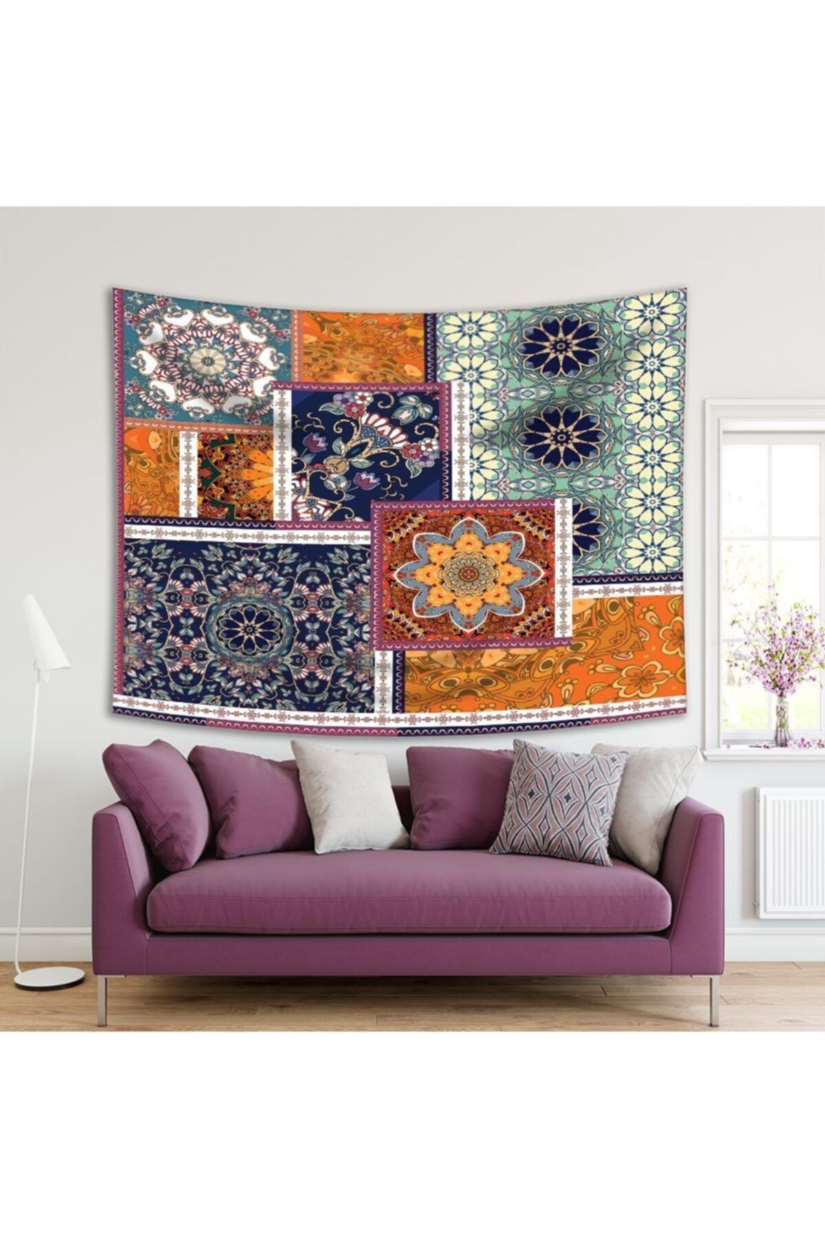 Henge Home Baskılı Duvar Örtüsü Etnik Çiçek Desenli Çok Renkli
