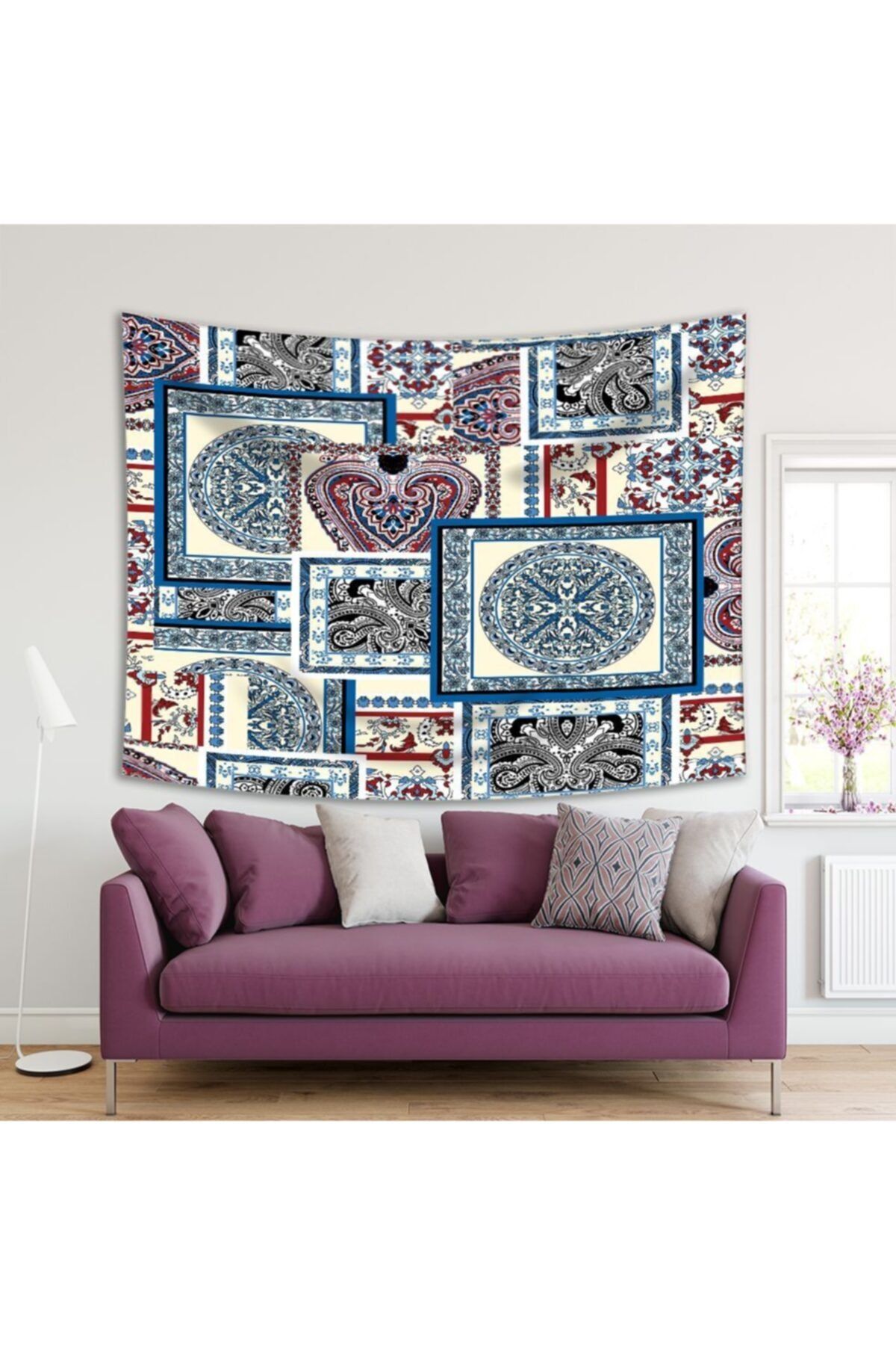 Henge Home Baskılı Duvar Örtüsü Etnik Çiçek Geometrik Desenli Krem