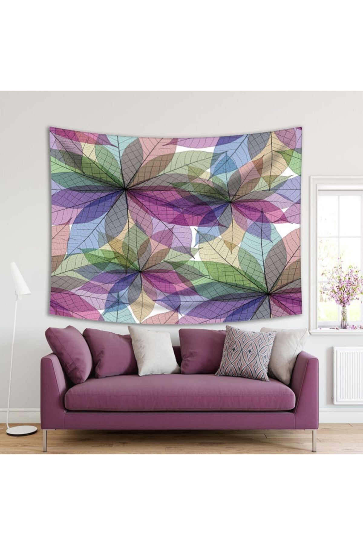 Henge Home Baskılı Duvar Örtüsü İskelet Yaprak Mavi Pembe Desenli